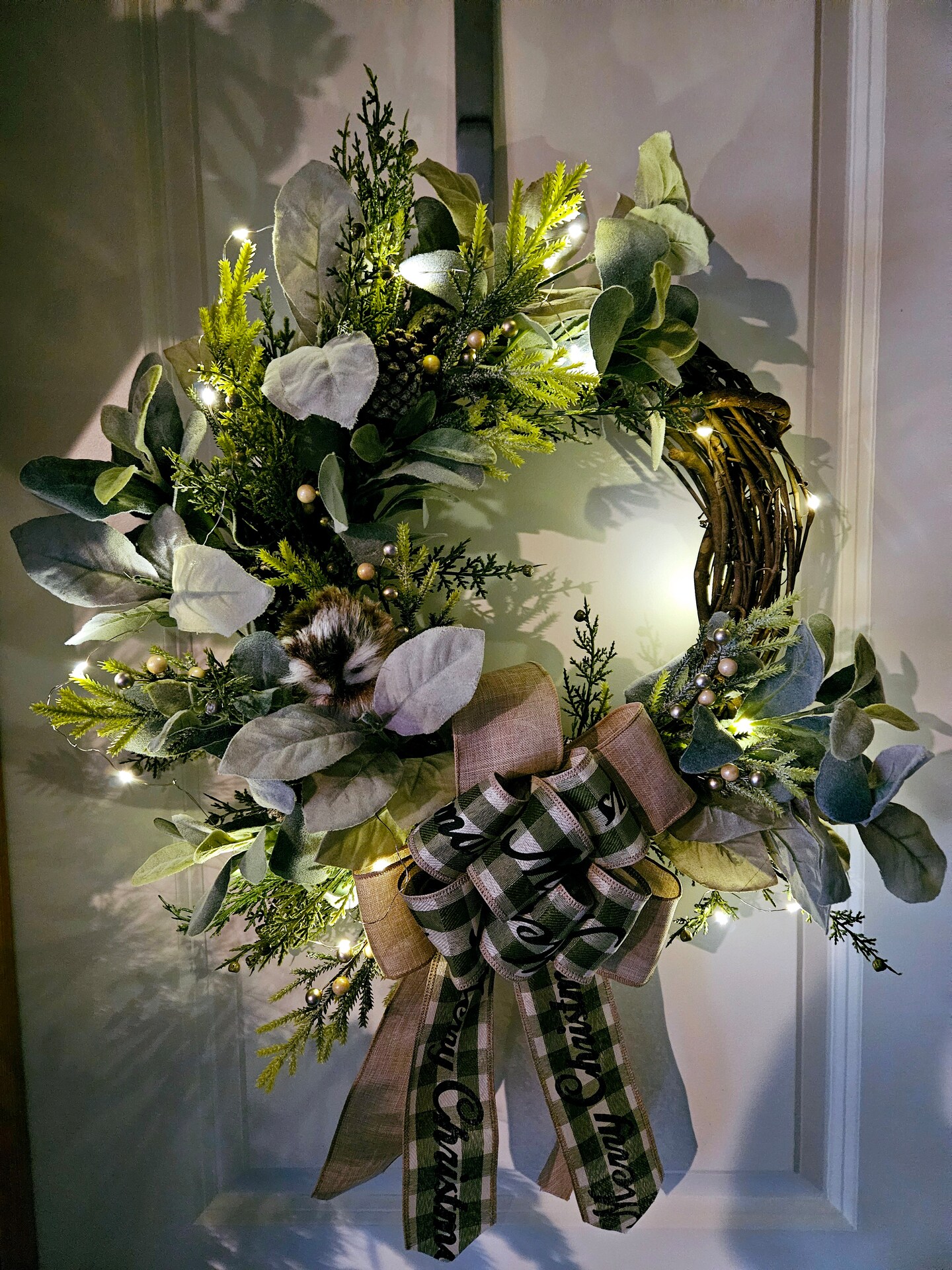 Christmas Winter Wreath, Door Decoration, Greenery , Ribbon, Owl