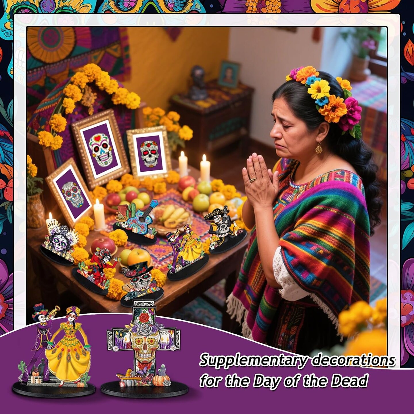 12 Pcs Day of The Dead Table Decorations Wooden Mexican Dia De Los Muertos Altar Centerpiece Halloween