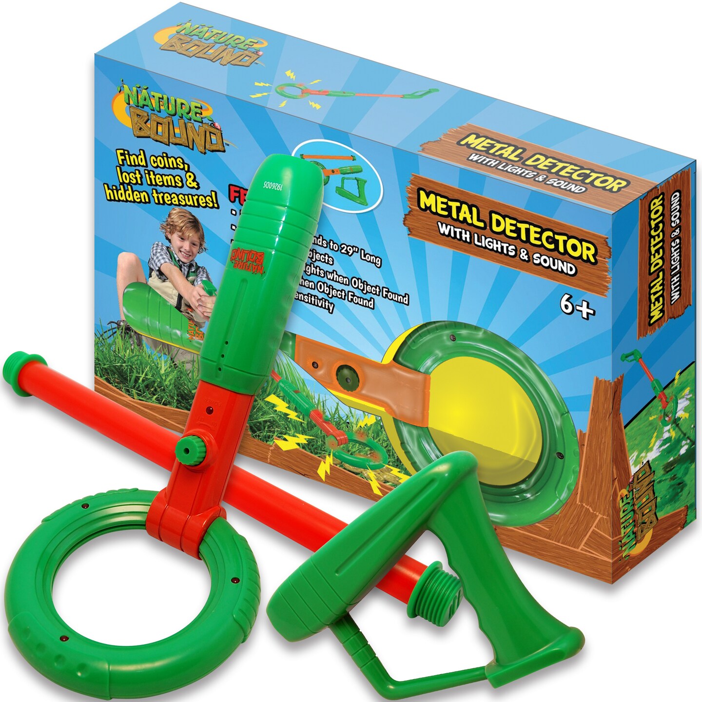 Nature Bound: Metal Detector - Green & Orange - 29" Toy Light & Sound Treasure & Object Finder, Adjustable Handle, Outdoor Exploration Tool, Kids 6+