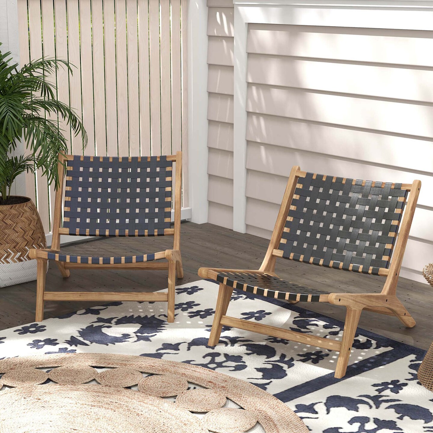 Costway Modern Teak Wood Lounge Chair with Nylon Woven Backrest &#x26; Seat Comfy Reading Chair Brown/Black