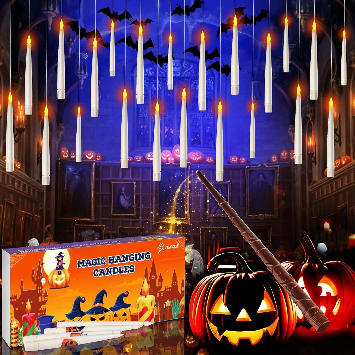 Halloween Decorations, Floating Candles with Wand Remote, Flickering Warmer Light Flameless Candles, Magic Hanging Candles with DIY Sticker, Halloween Decorations Decor Indoor Outdoor Party