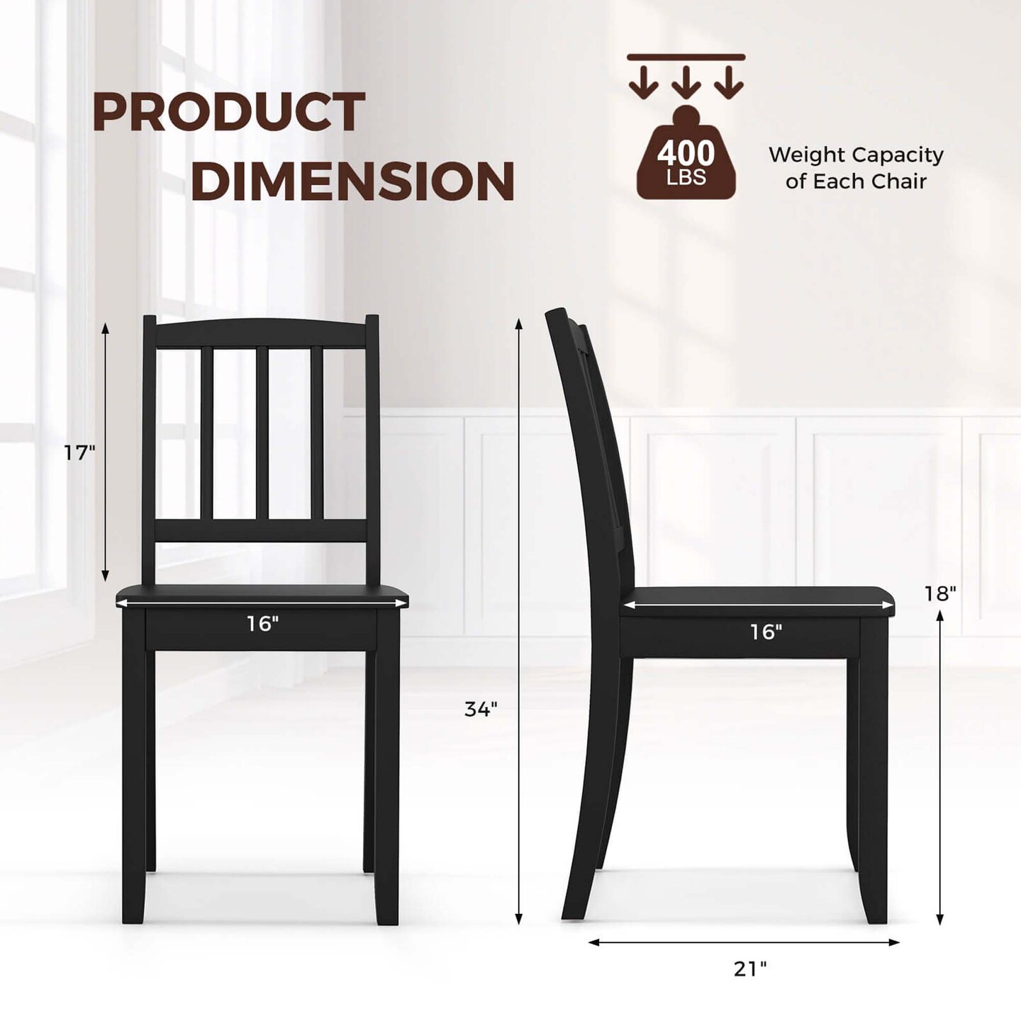 Costway Wood Dining Chair Set of 2 with Rubber Wood Legs Curved Backrest for Kitchen White/Black/Brown