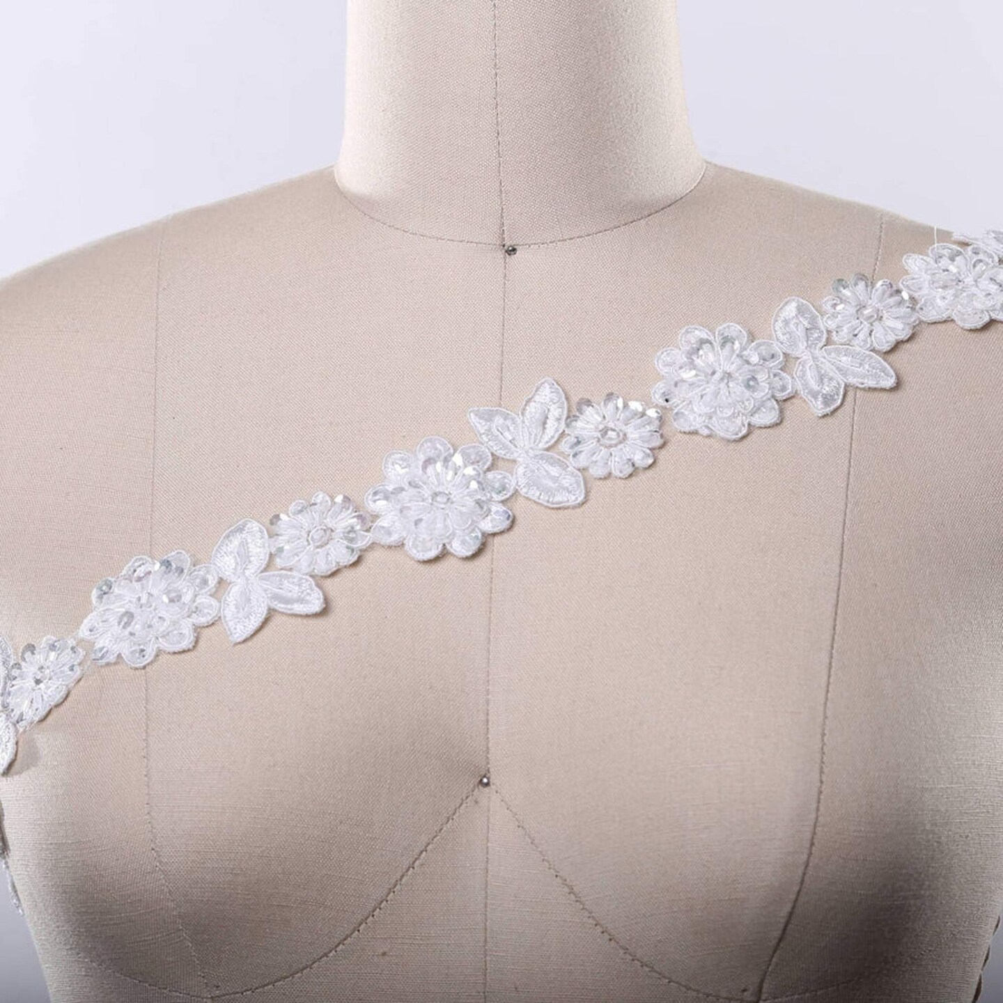 (1/2 yard) 18 Inch Ivory Lace Trim Beaded 3D Flower Leaf Bridal Sewing Embellishment