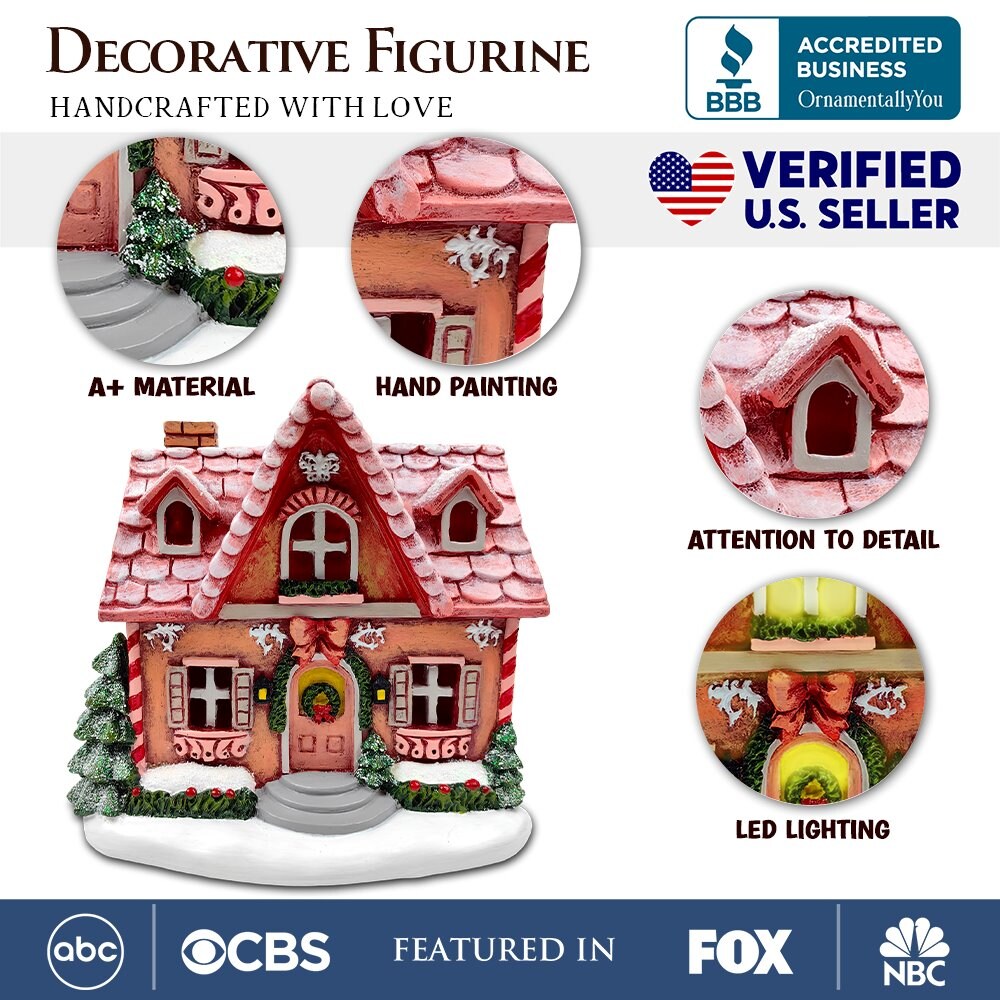 Sparkling Pink Winter Magic LED Gingerbread Home Figurine, 7&#x22; Lighted Christmas Decoration Decor
