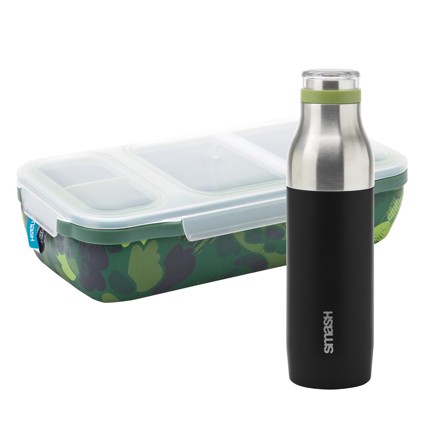 Bento Switch Up lunch box with Bottle. Leakproof with adjustable dividers and 16.9 fl oz Bottle. BPA free, dishwasher safe. Durable, food grade stainless steel. Color/print Camo.