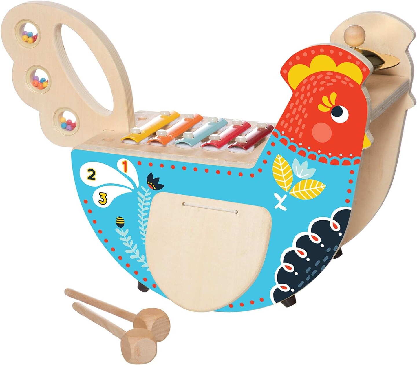 Manhattan Toy Musical Chicken Wooden Instrument w/ Xylophone, Drumsticks, Cymbal, &#x26; Maraca