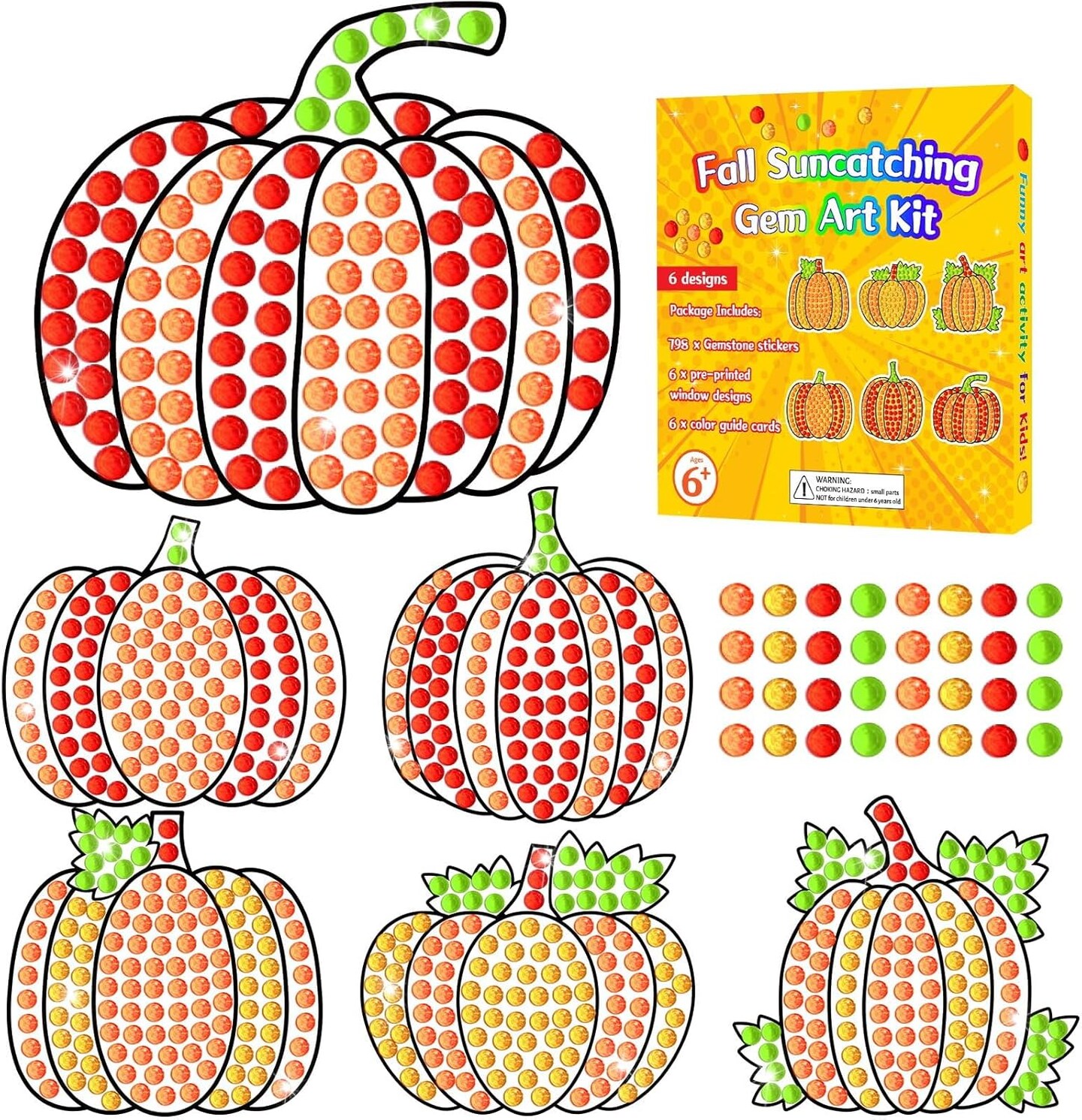 6 Pcs Fall Craft DIY Diamond Suncatcher Pumpkin Shape Art Crafts Suncatcher Kits for Kids, Fall Catcher Diamond Painting Kits for Kids Girls Boys
