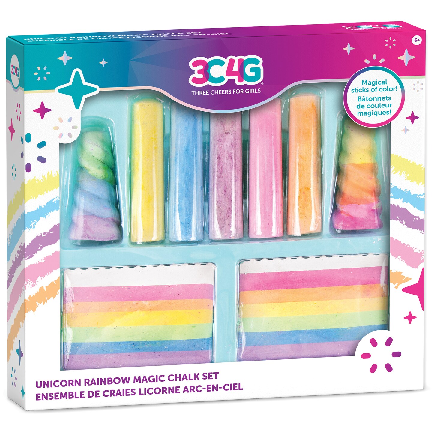 3C4G: Unicorn Rainbow Magic Chalk Set - 9 Piece Set, Make It Real, Sidewalk Chalk For Kids Washable Outdoor Chalk Set, Includes 5 Sticks, 2 Rainbow Cakes & 2 Unicorn Horns, Magical Sticks Of Color, Three Cheers For Girls, Kids Ages 6+