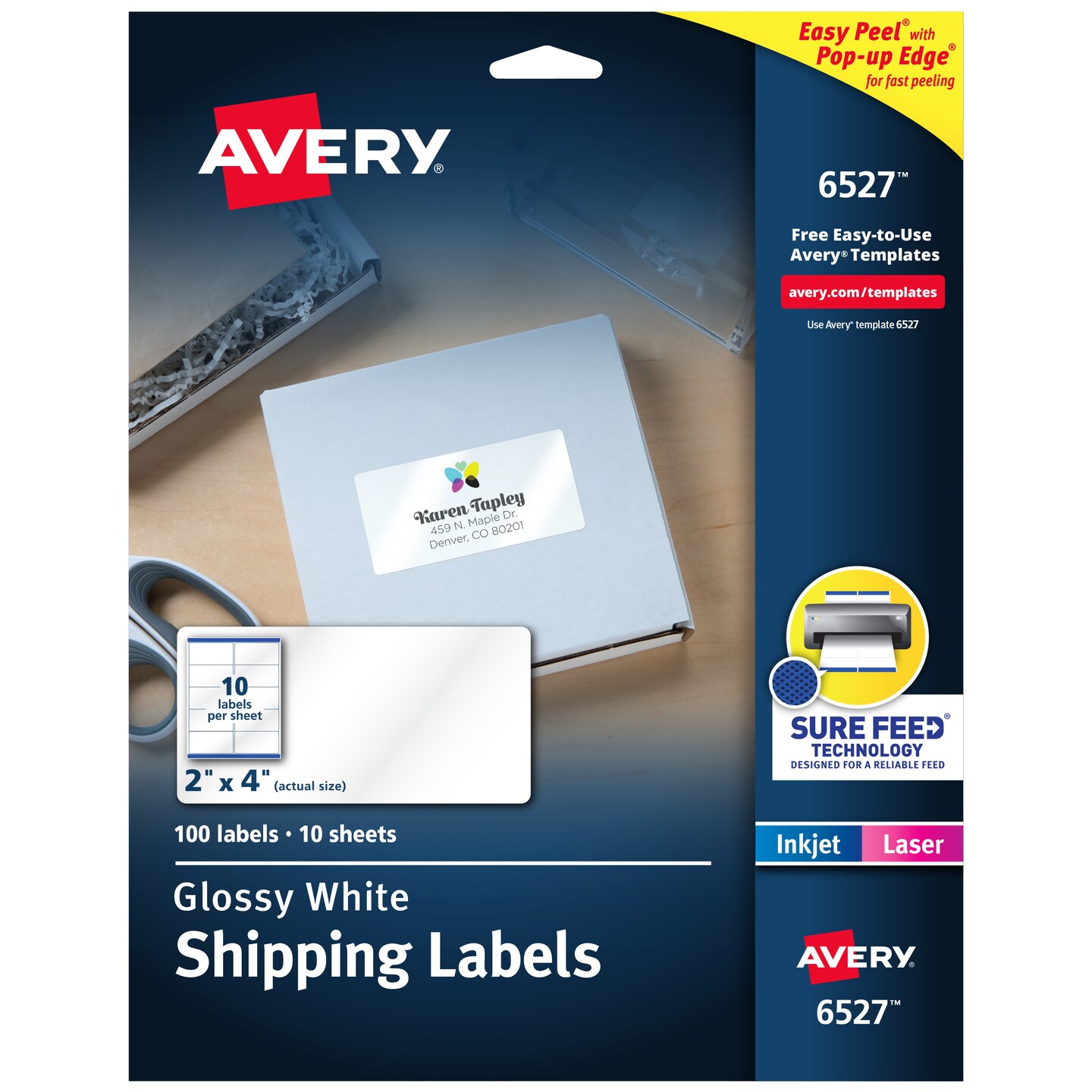 Avery Shipping Labels with Sure Feed and Easy Peel Technology, Glossy White Labels, 2" x 4", Permanent Adhesive, Laser/Inkjet, 100 Glossy Labels (6527)