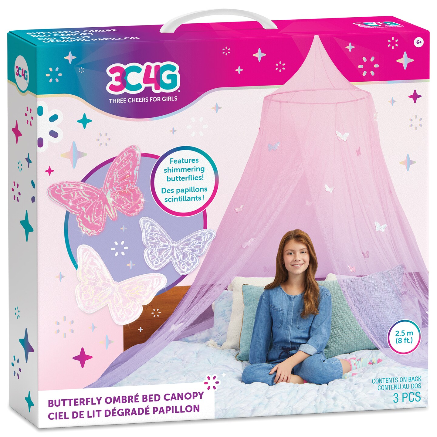 3C4G: Butterfly Ombre Bed Canopy - Pink &#x26; Purple Shimmering Butterflies, Make It Real, Dreamy Ombre Tulle Hanging Net Canopy, Bedroom Accessory, Three Cheers For Girls, Kids Ages 6+