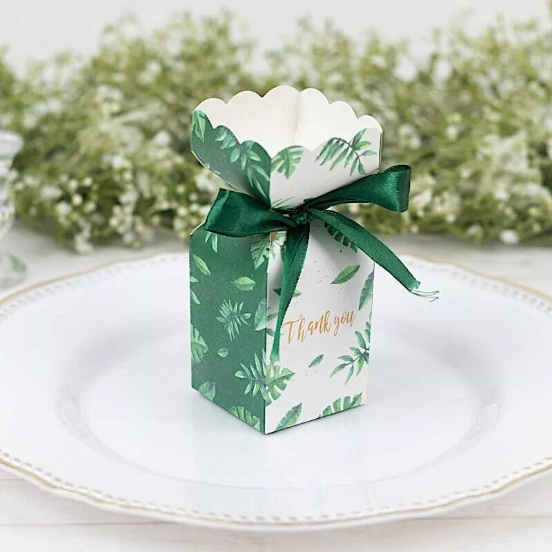 25 White Green Leaves Print Gift Favor Boxes with Satin Ribbon Party Supplies
