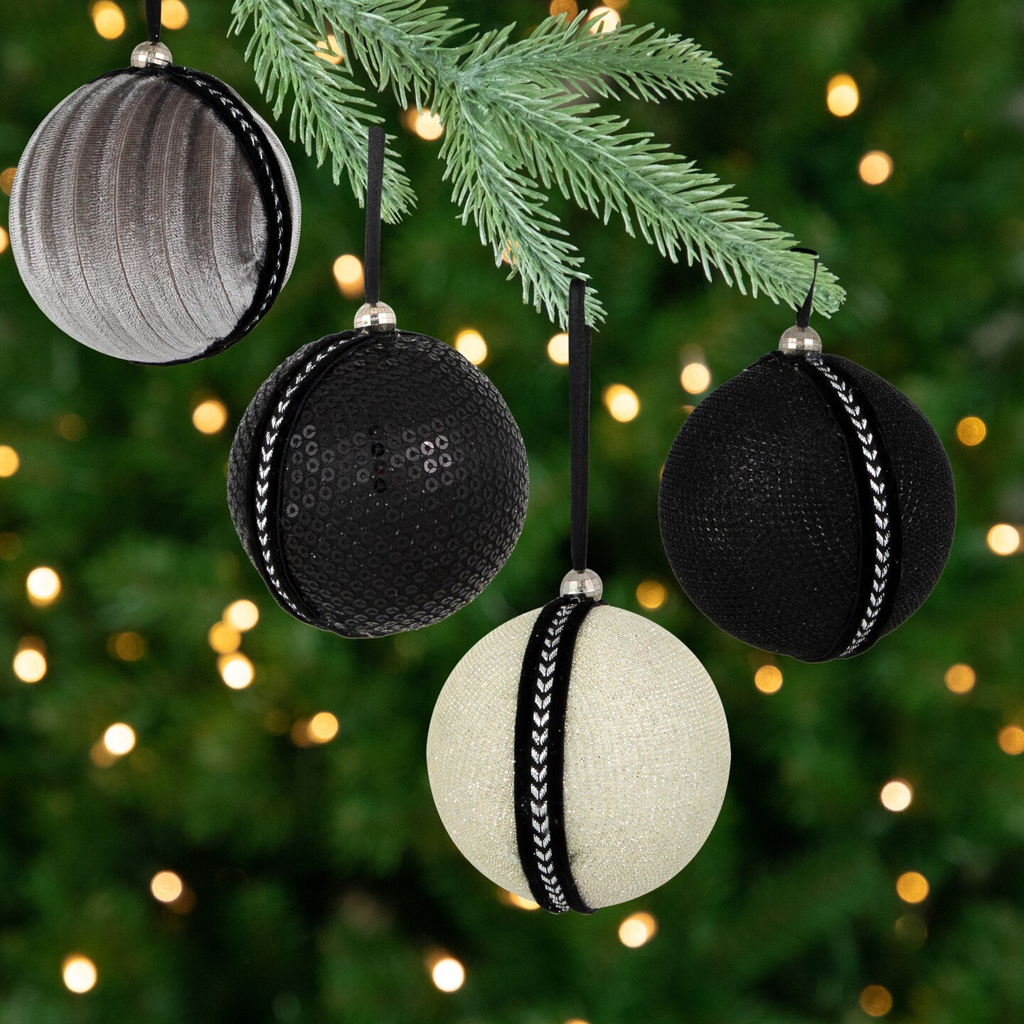 Northlight Sequined and Textured Christmas Ball Ornaments - 2.75" - Black - Set of 4