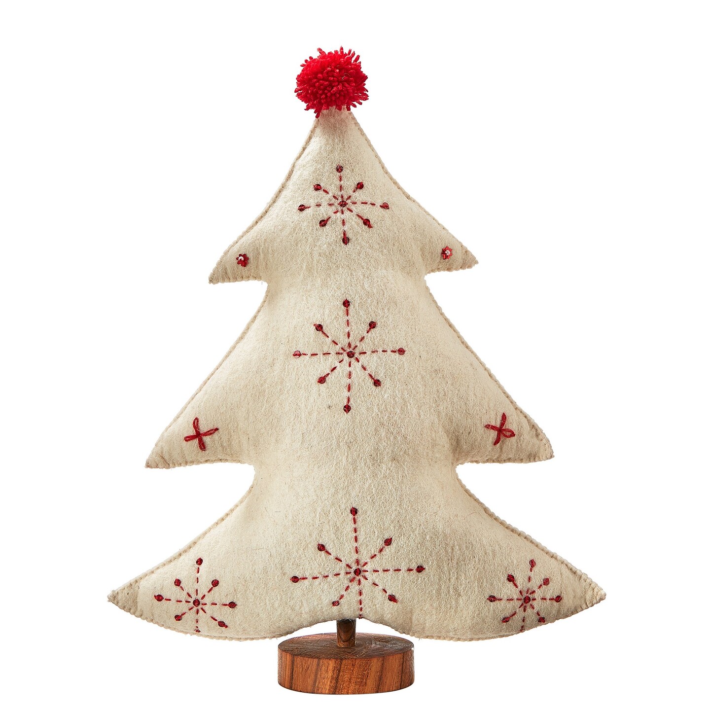 Embroidered Wool Ivory Christmas Tree Decorations for Tabletop or Mantel Tall 17 inch