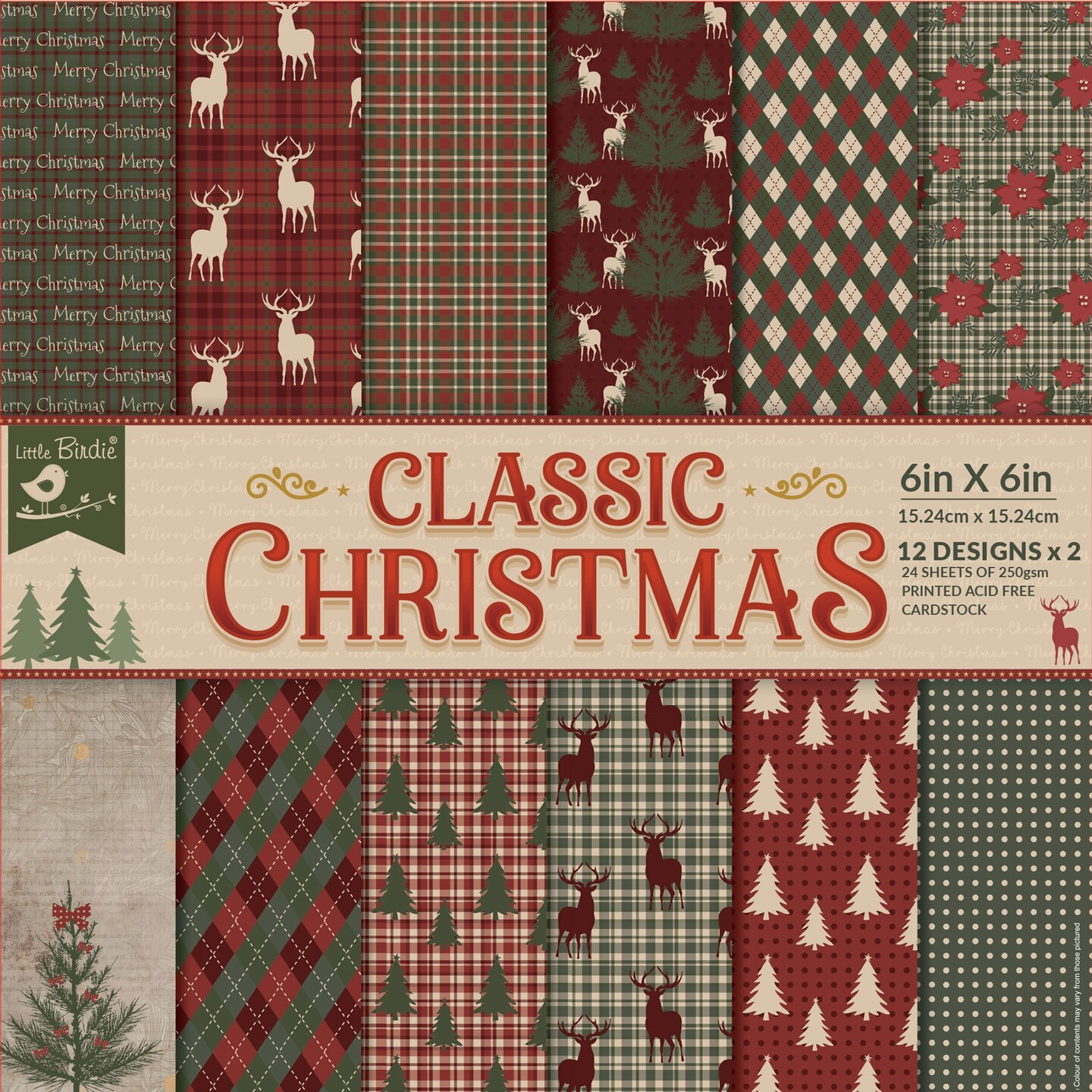 Little Birdie Cardstock 24 Sheet Pack 6&#x22;X6&#x22;-Classic Christmas