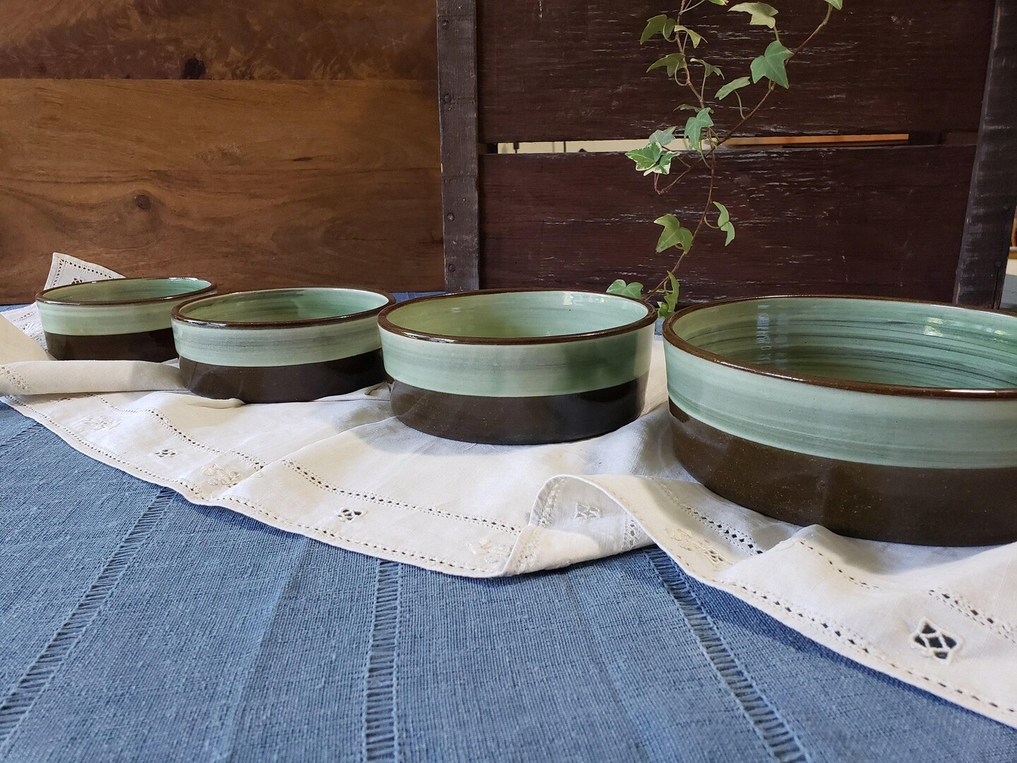 product name is Ceramic Handmade Pet bowls, Green Dog Bowls, Cat bowls, Food and Water Pet bowls, Rustic and Natural Pet bowls, 4 Different Sizes Pet bowls.