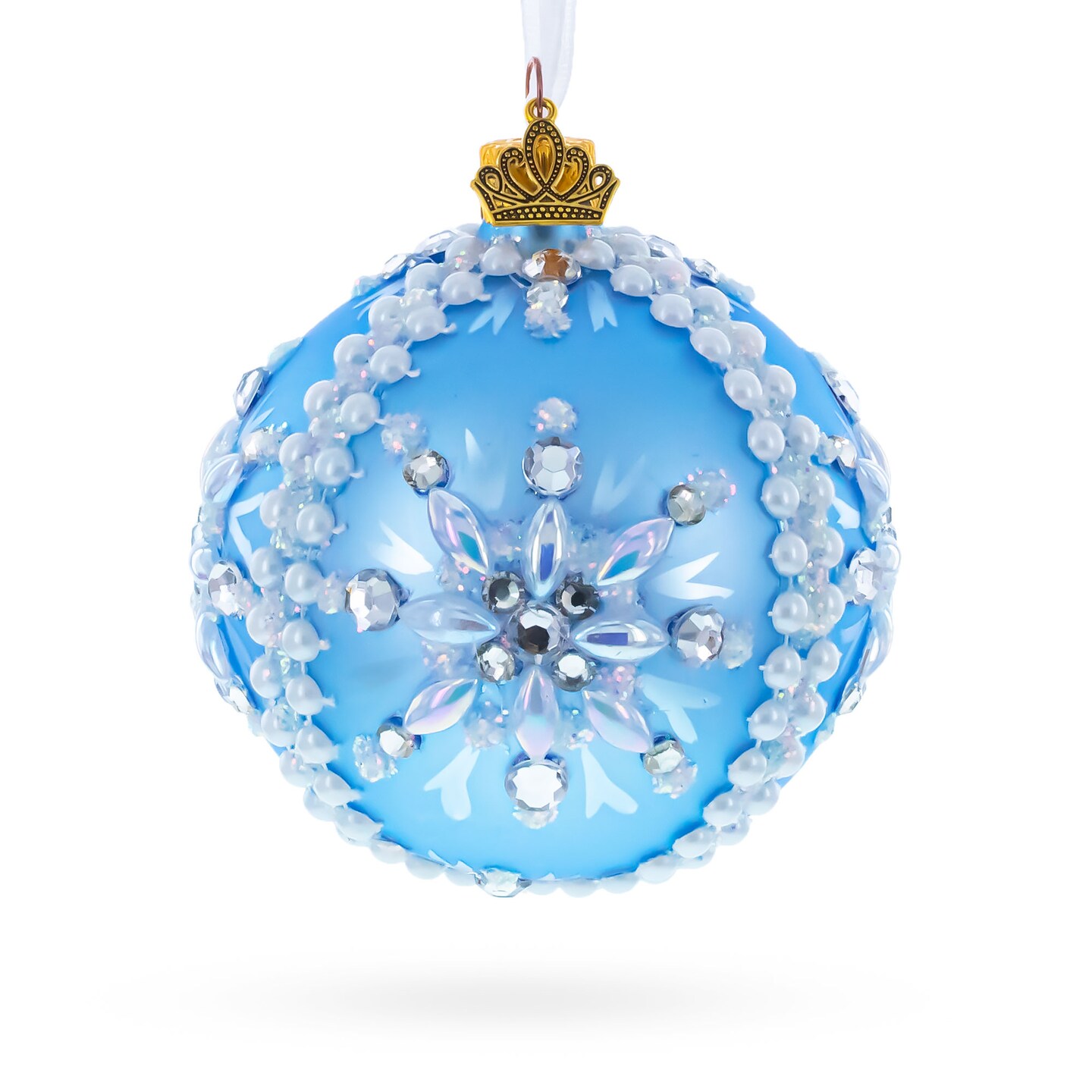 Blue and Pearl Jewel-Embellished Glass Ball Ornament 3.25 Inches