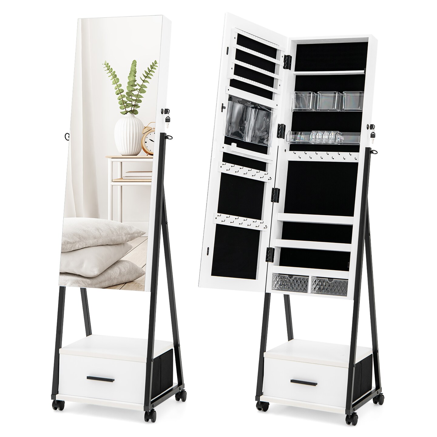 Costway Jewelry Cabinet Armoire Full Length Mirror Lockable with Bottom Drawer & Wheels White/Coffee/Black