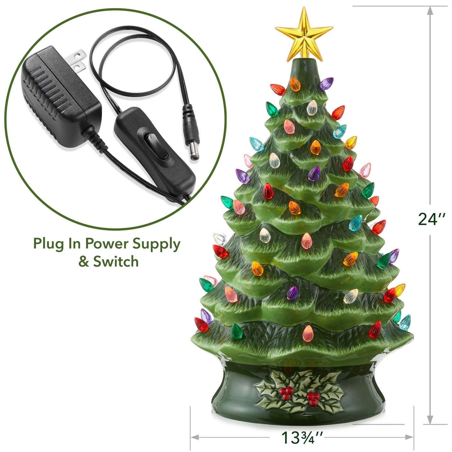 Casafield Hand Painted Ceramic Christmas Tree, 24-Inch Pre-Lit Tree with 148 Multi Color Lights and 2 Star Toppers