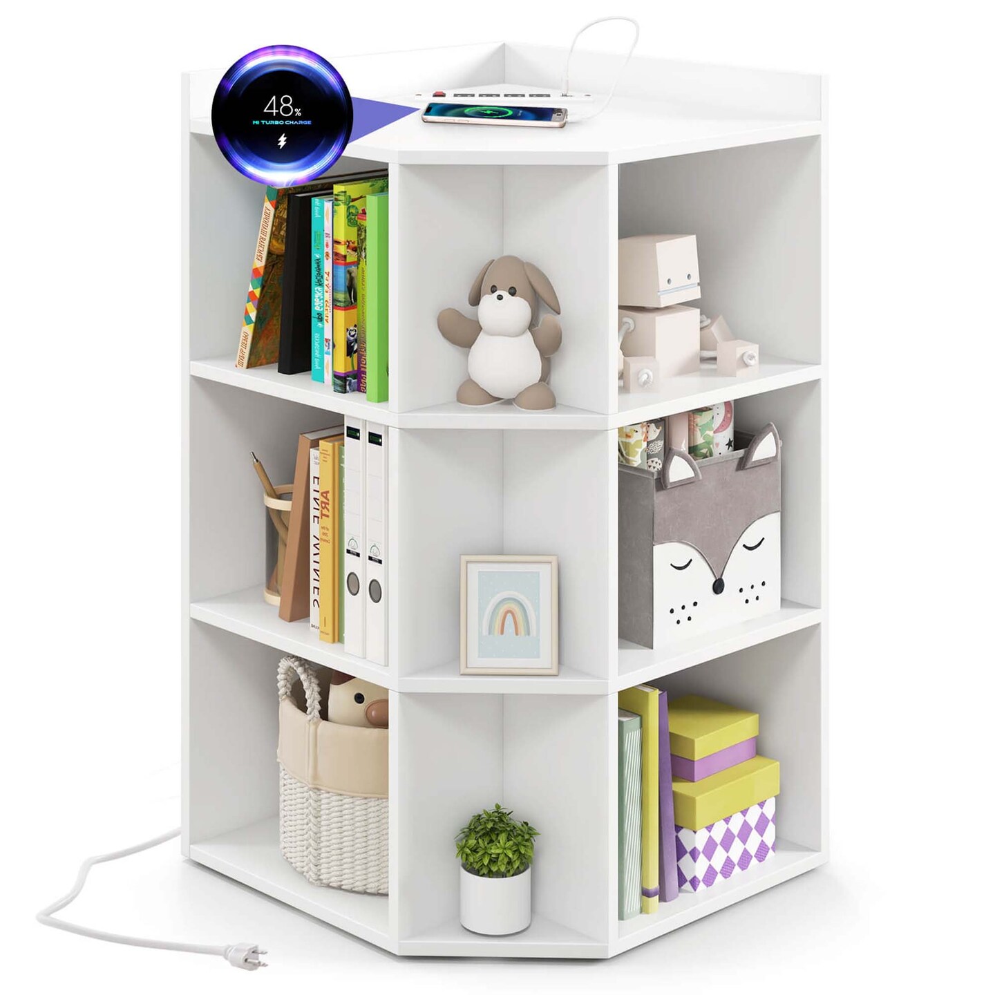 Costway 3-Tier Kids Corner Toy Storage Organizer with USB Ports and Outlets 9 Cubbies Grey/White