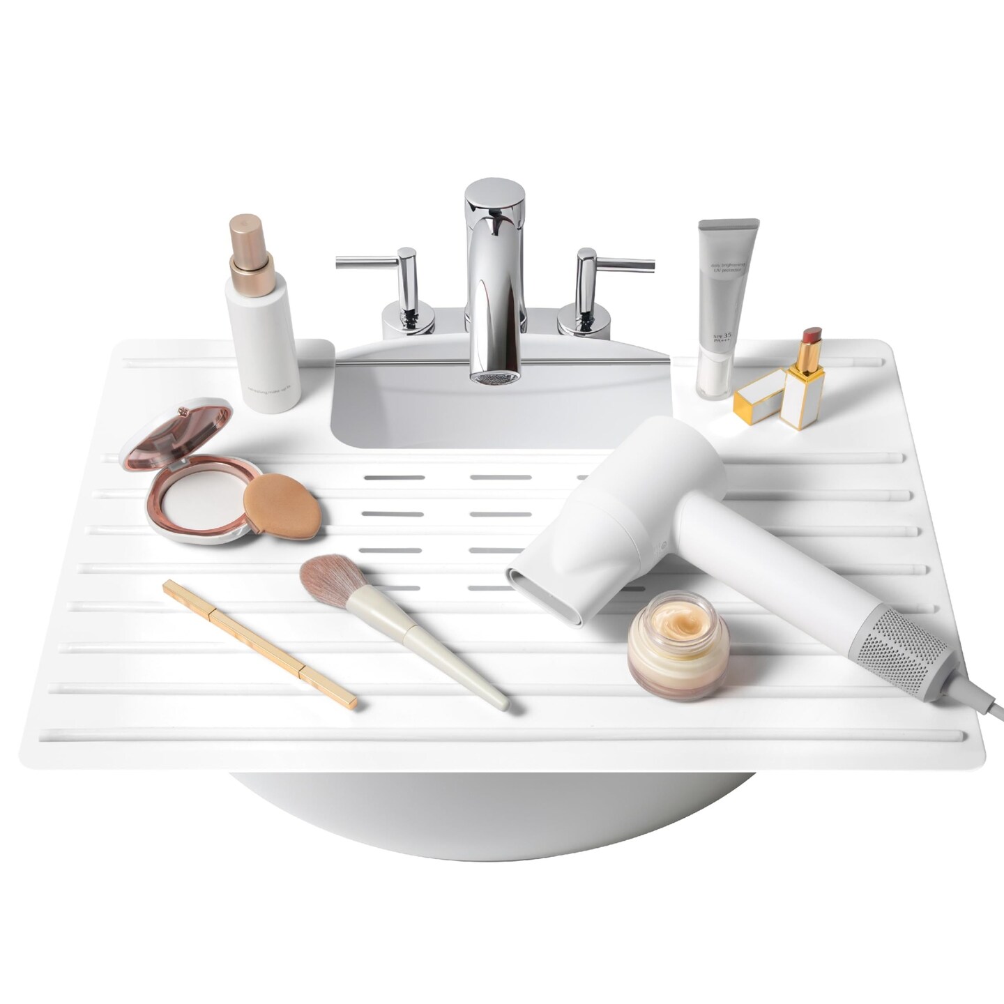 Maplefield Foldable Bathroom Covers for Sinks for Counter Space, Silicone Covers, Heat Resistant Over Sink Makeup Mat, Small Bathroom Space Creation, Bathroom Space Saver Cover for Makeup (White)
