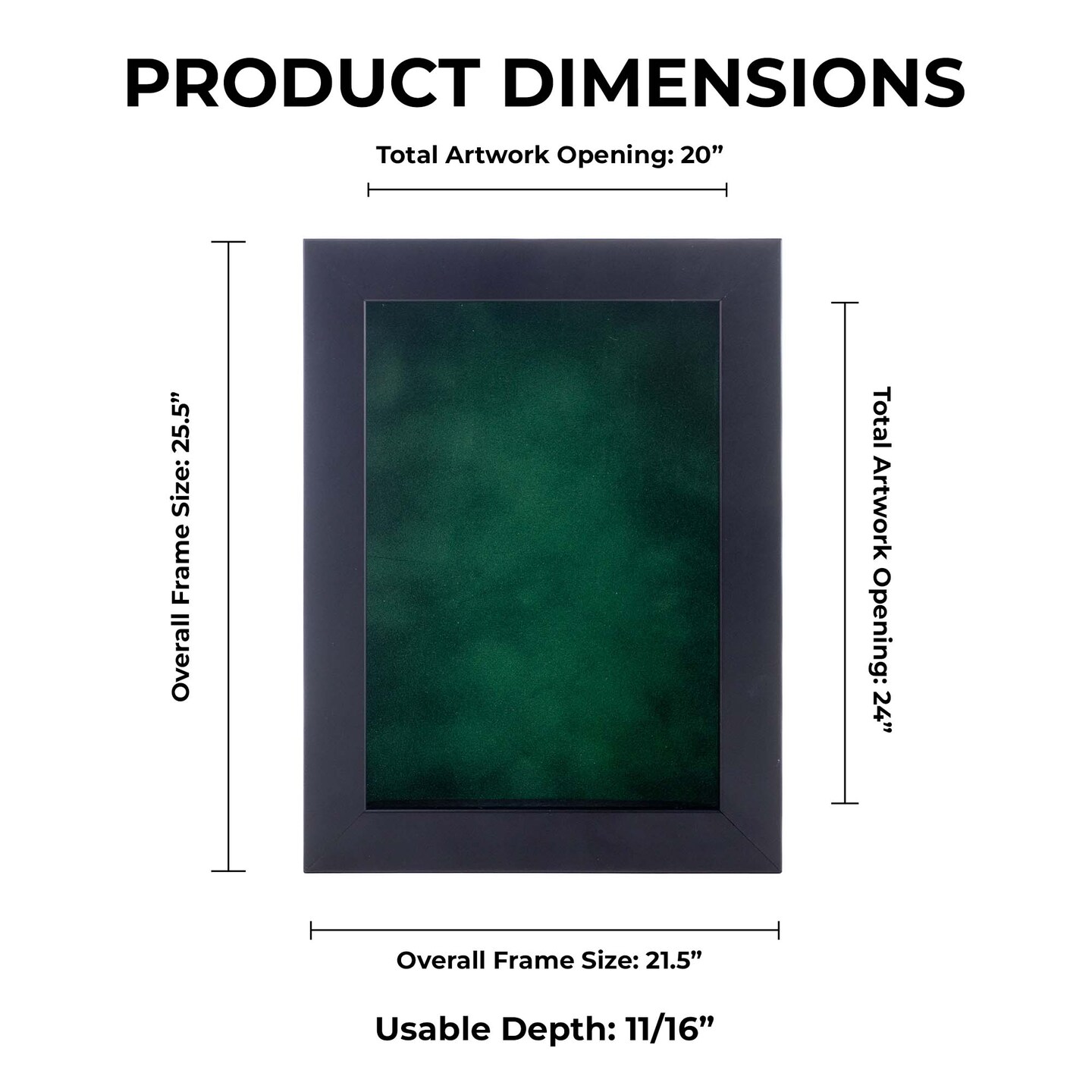 Classic Black Wood Shadown Box Frame with Acrylic Front - Forest Green Suede Backing, 30 Sizes
