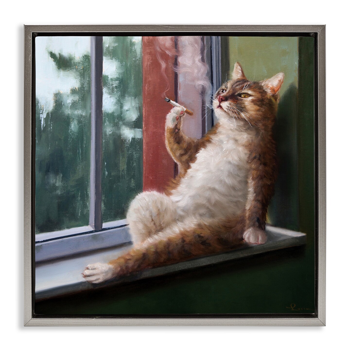 Stupell Industries Cat Smoking Lounging in Window Framed Floater Canvas Wall Art