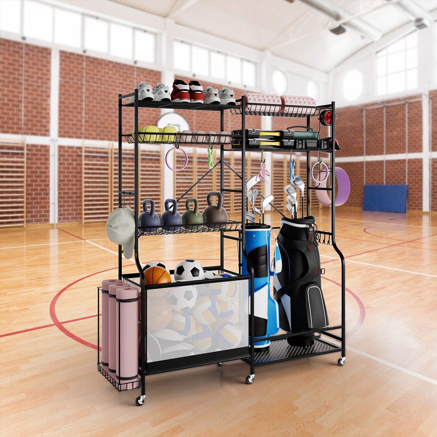 Costway Sports Equipment Organizer for Garage with Yoga Mat Holder Ball Basket Metal Black