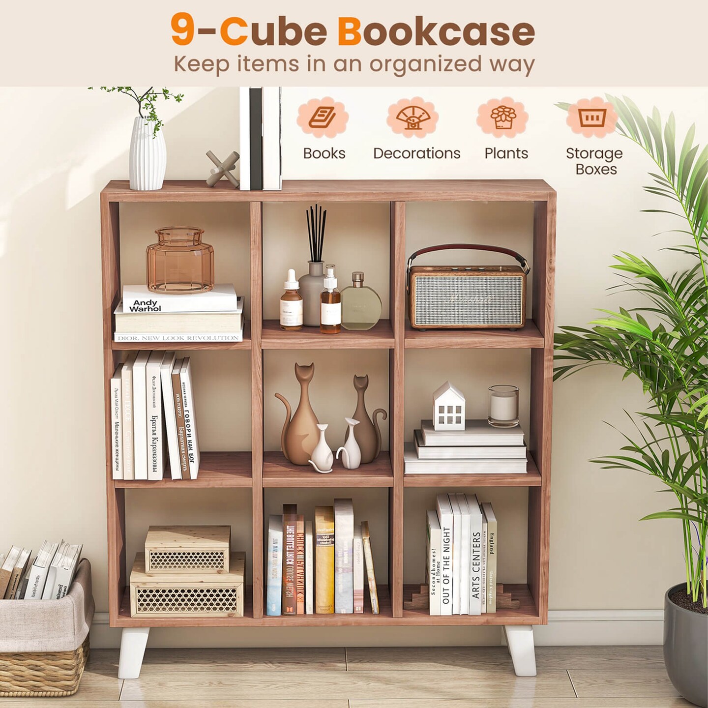 Costway 2 PCS 9-Cube Bookcase with 6 Removable Shelves Raised Support Feet for Living Room Brown/White