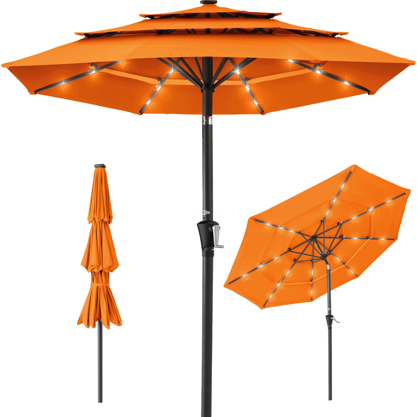 Best Choice Products 10ft 3-Tier Solar Patio Umbrella w/ 24 LED Lights, Tilt Adjustment, Easy Crank