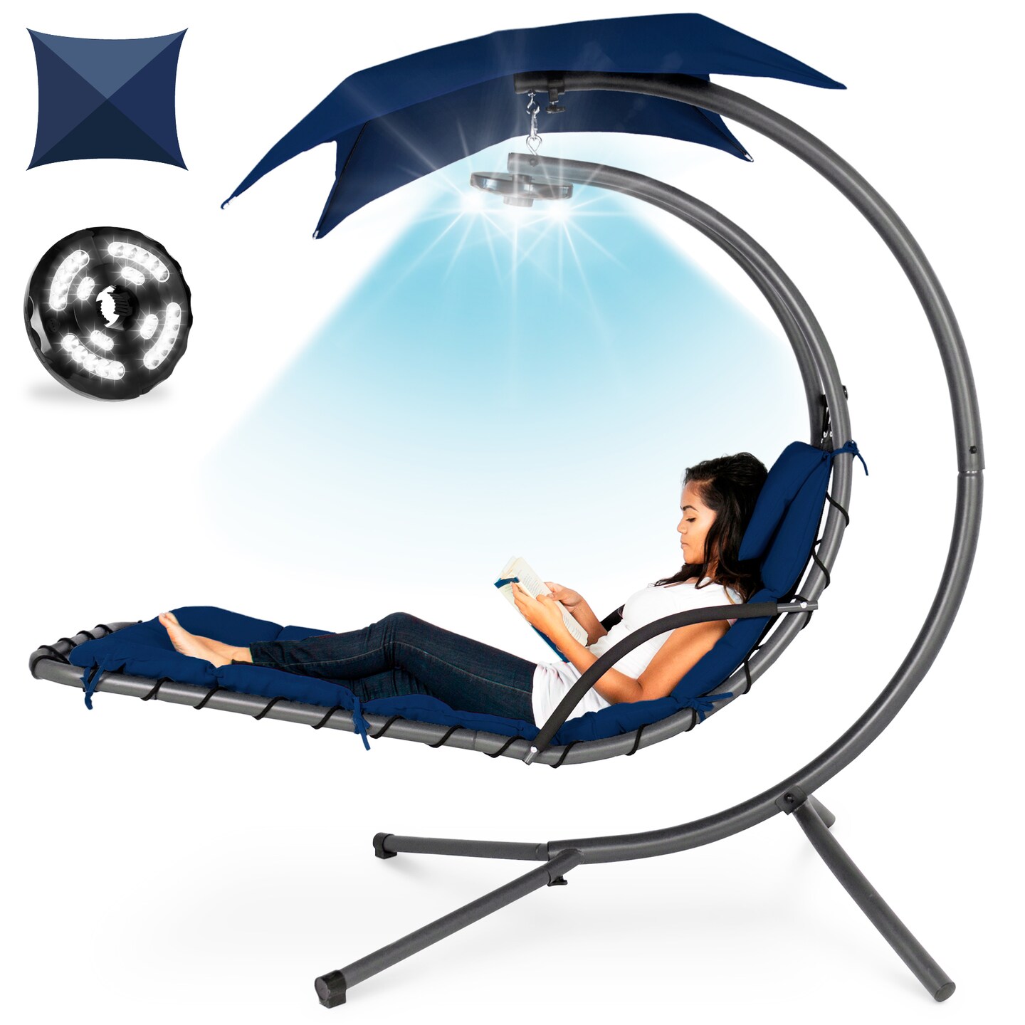 Best Choice Products Hanging LED-Lit Curved Chaise Lounge Chair for Backyard, Patio w/ Pillow, Canopy, Stand