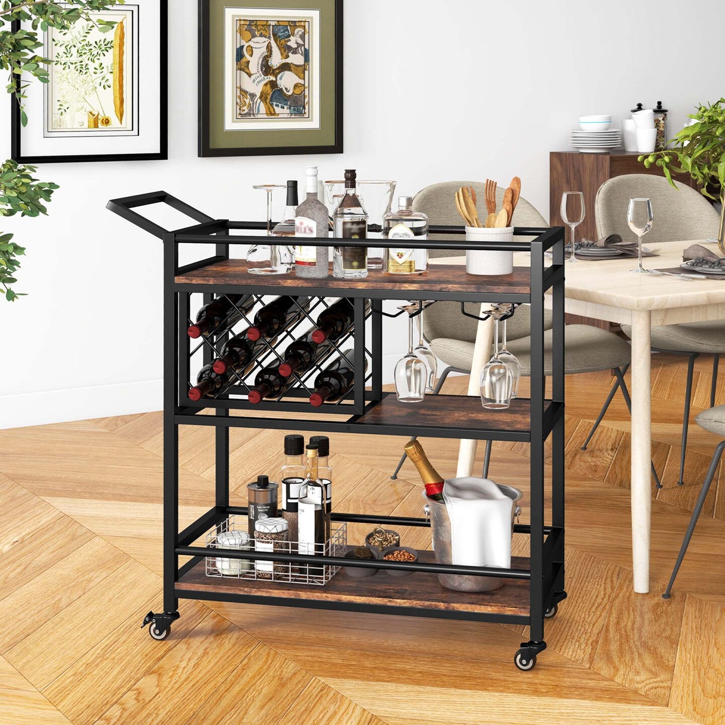 Costway 3-tier Bar Cart on Wheels Home Kitchen Serving Cart with Wine Rack &#x26; Glass Holder Rustic Brown/Brown