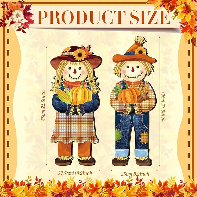 2 Pcs Fall Welcome Sign for Front Porch, Outdoor Thanksgiving Hanging Scarecrow Decorations Farmhouse Wooden Door Sign for Home Front Door Porch Wall Harvest, 10 x 27.5 inches.