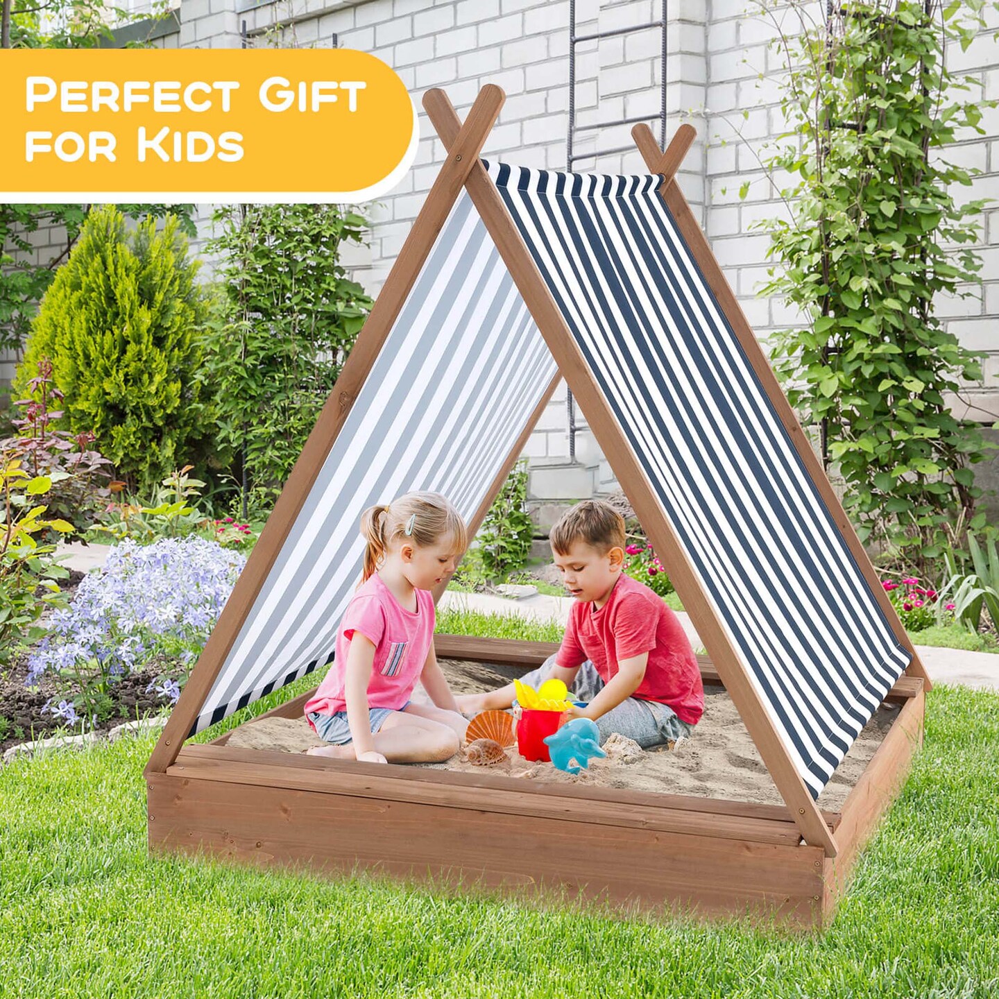 Costway Wooden Sandbox with Canopy Tent Design Fir Wood Frame 2 Bench Seats Bottom