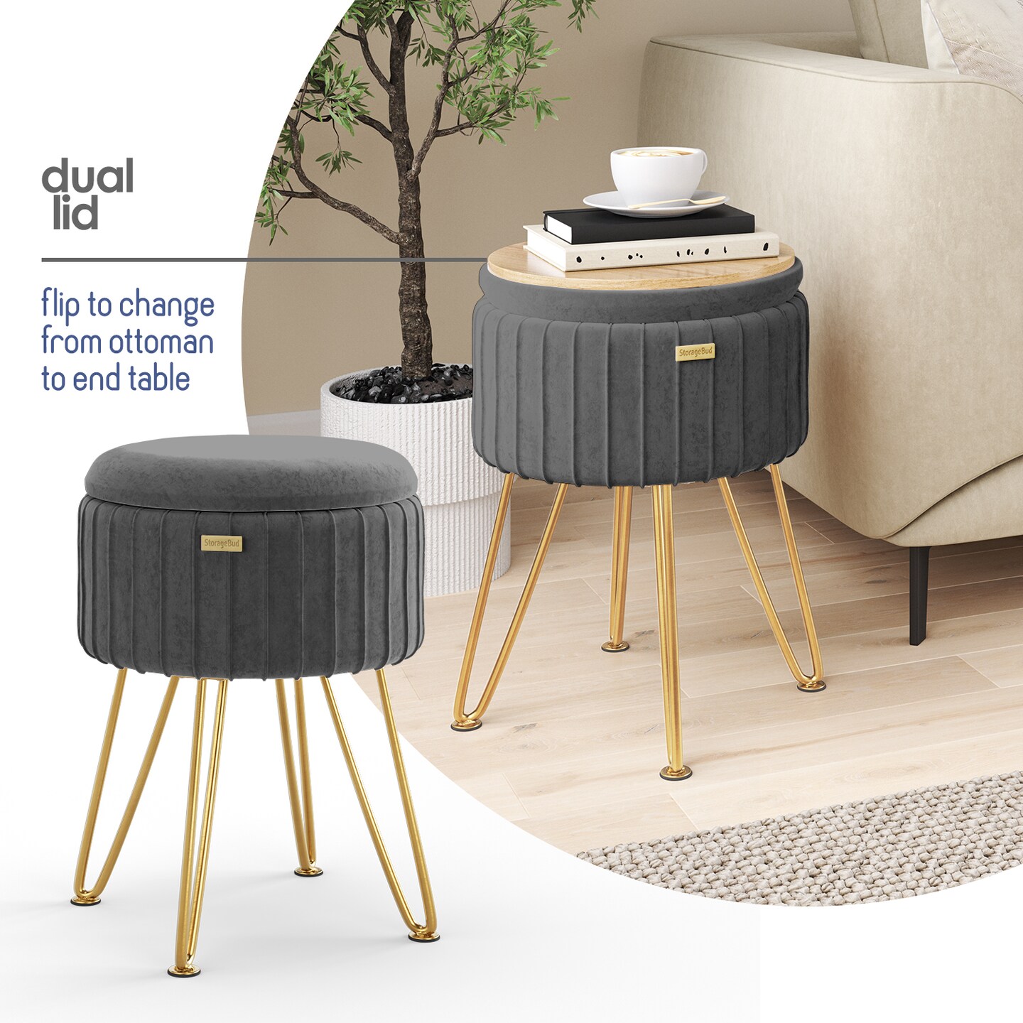 StorageBud Pleated Velvet Storage Ottoman