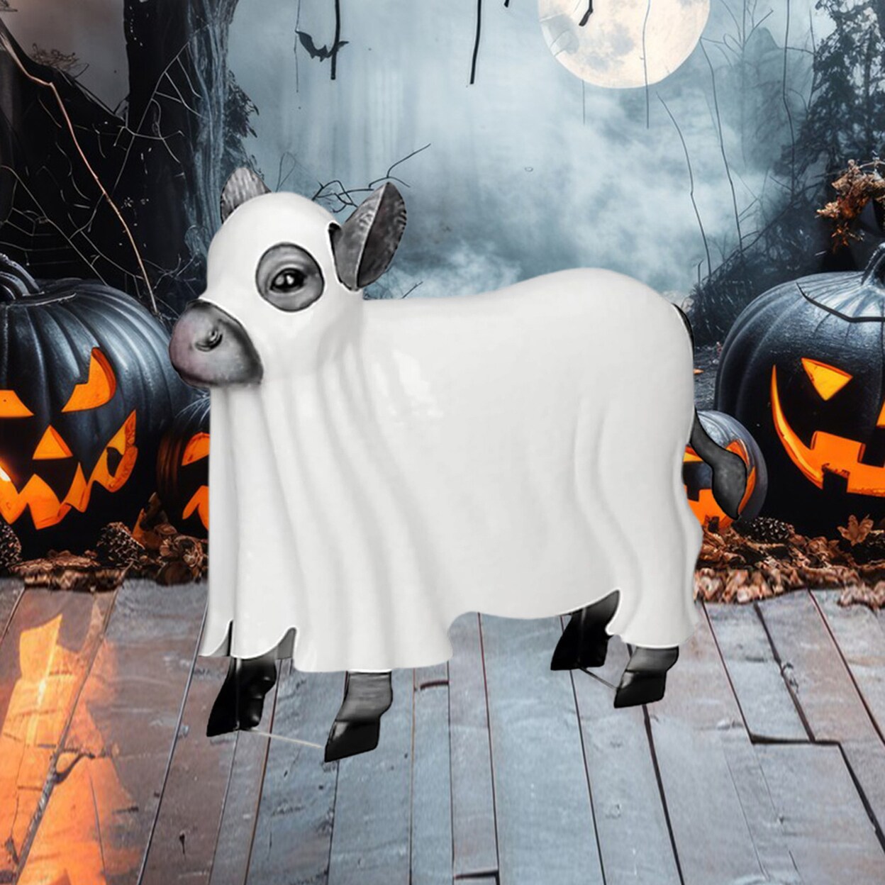 Halloween Ghost Cow Figurine Resin Spooky Calf Resin Statue Sculpture Indoor Outdoor Garden Home Office Desktop