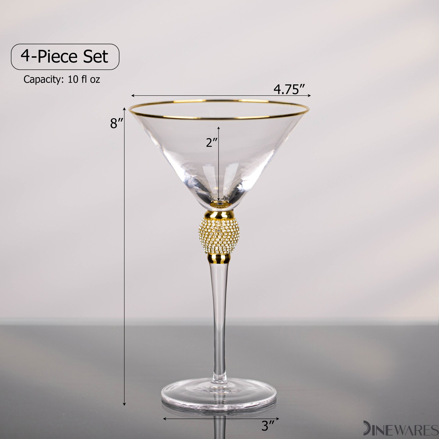 Premium Clear Stem Crystal Martini Glasses with Rim and Diamond-like Rhinestones, Elegant 10oz Glassware Set for Cosmopolitan, Vodka, Gin and Other Cocktails, Fancy Manhattan Drinkware