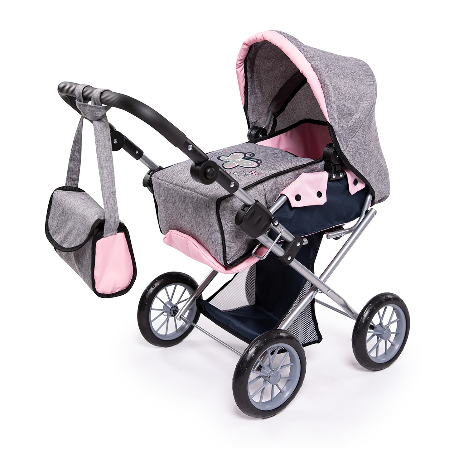 Bayer: Pram City Star - Grey, Pink, Butterfly - Matching Handbag, Convertible to A Pushchair, Adjustable Handle, Foldable