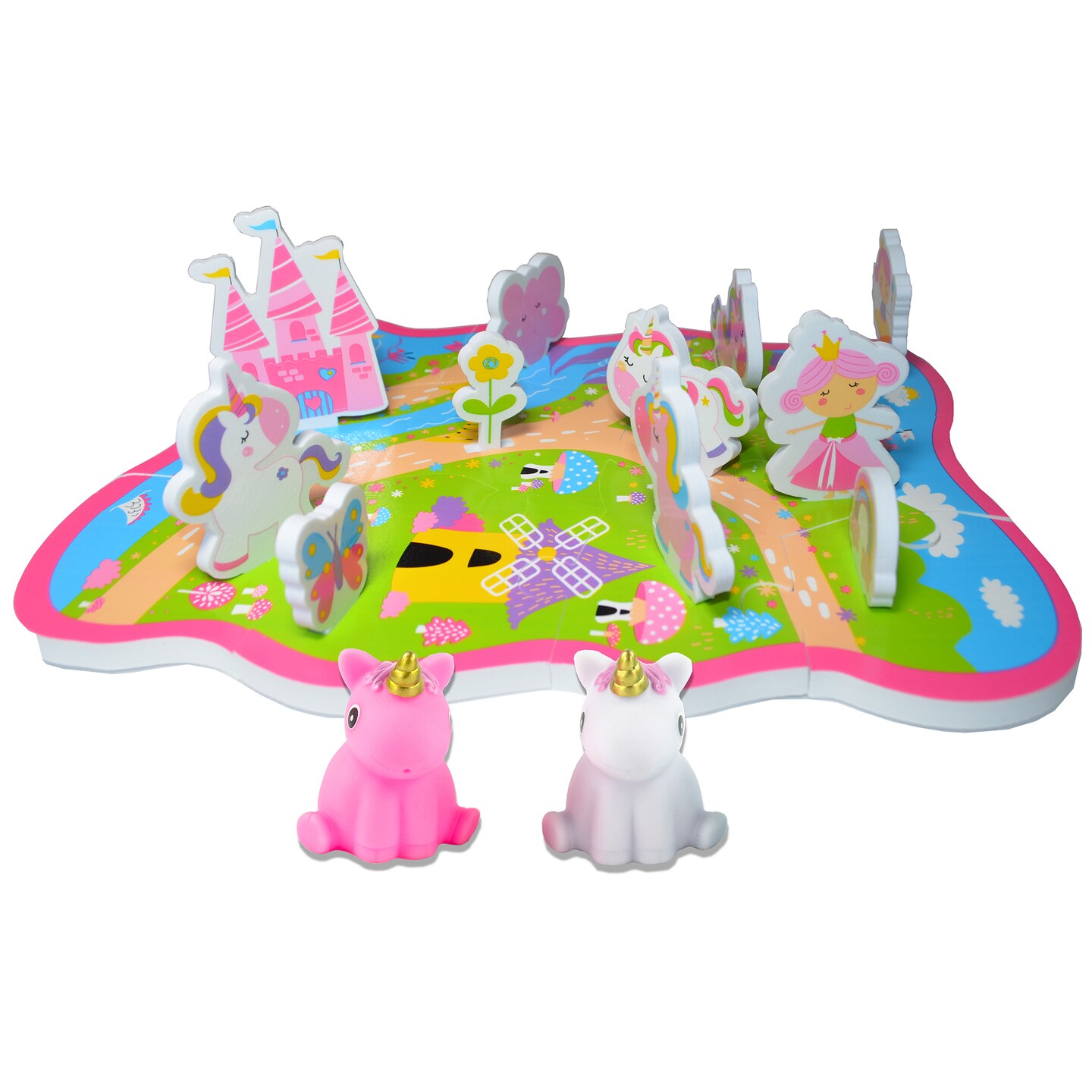Buddy & Barney: Bath Time Unicorn World Activity Set - 27pc - Floating Jigsaw Activity Scene w/ Characters, Light-Up Unicorn, Water Squirter, Kids 3+