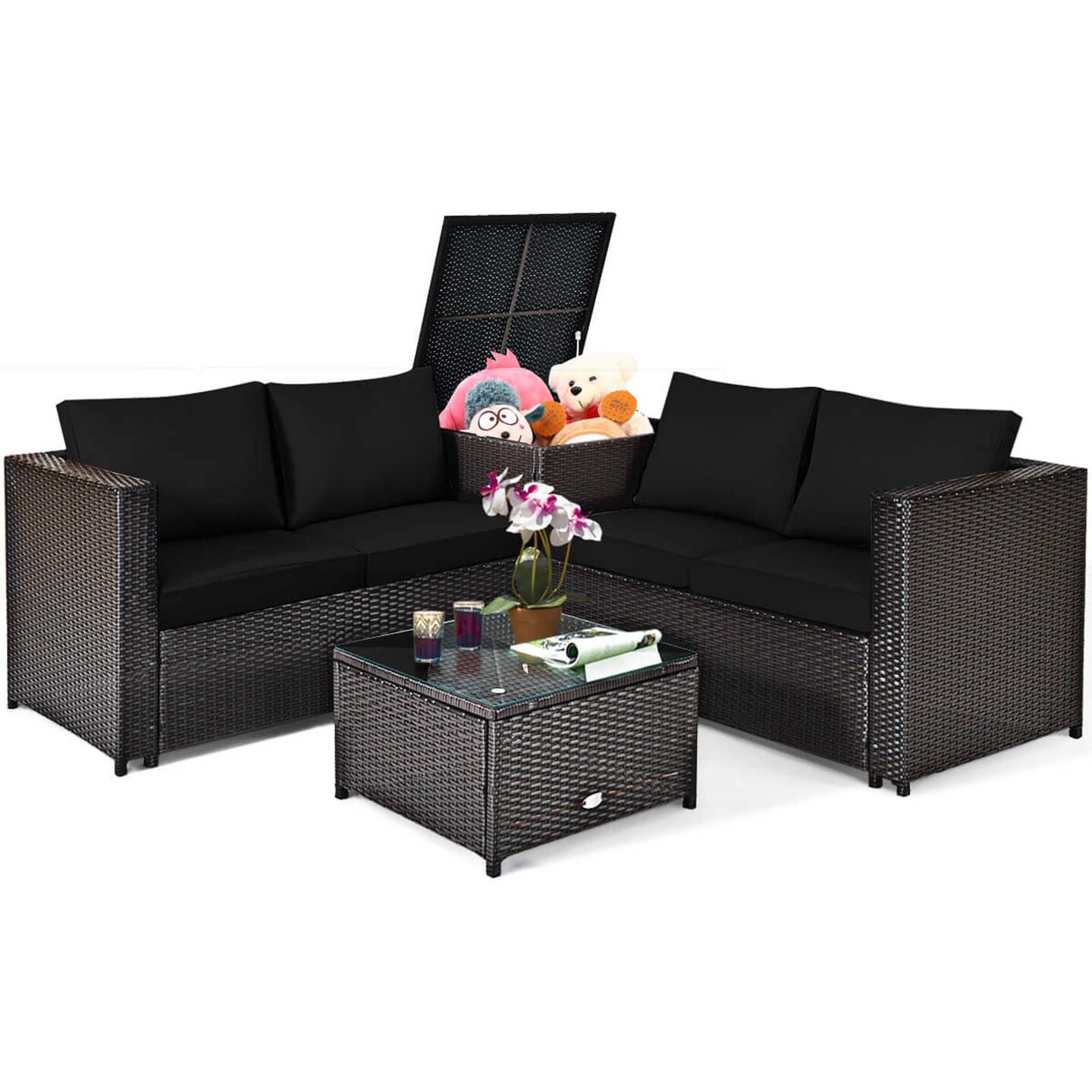 Costway 4PCS Outdoor Patio Rattan Furniture Set Cushioned Loveseat Storage Table Red/Turquoise/Black