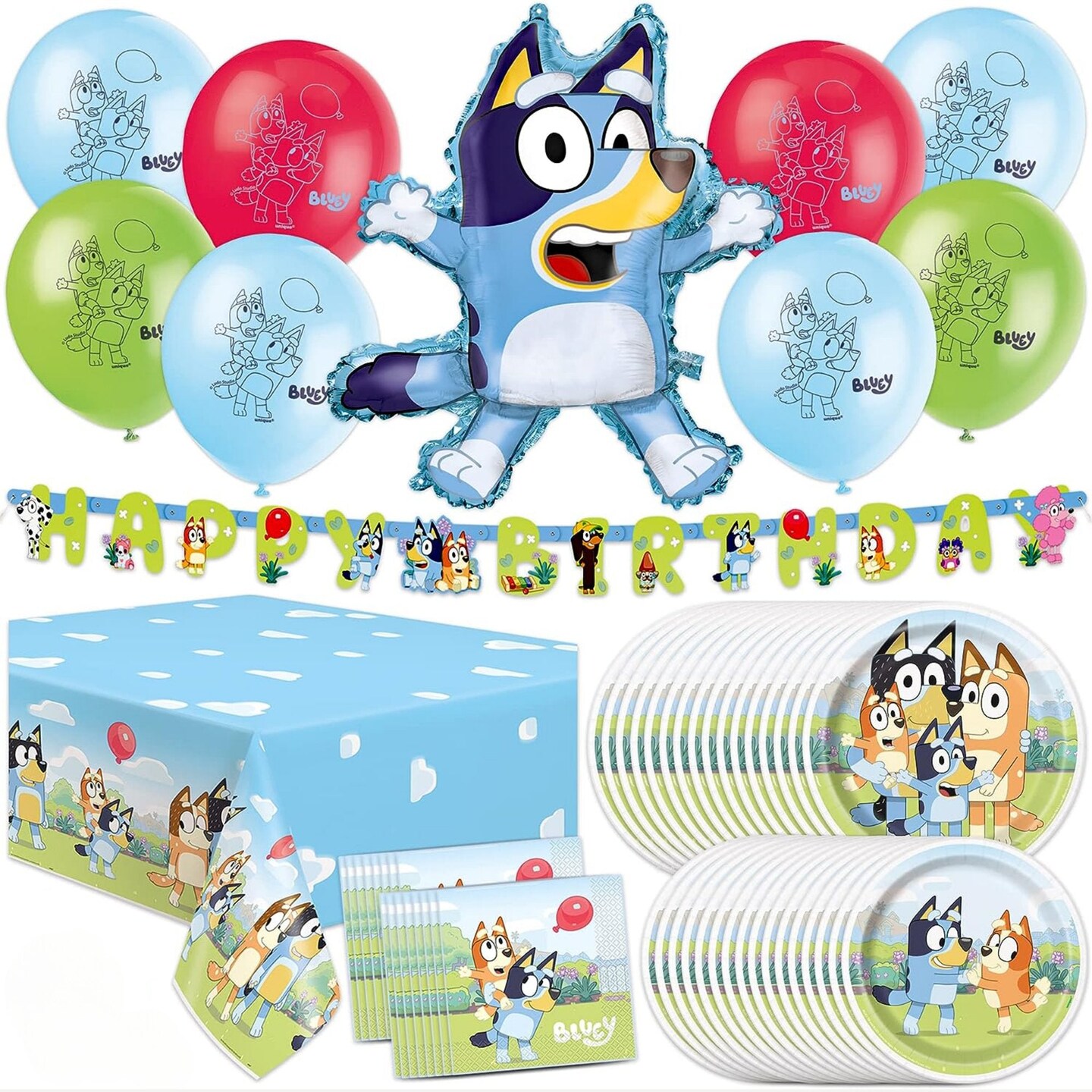 Bluey Birthday Party Supplies | Bluey Party Decorations | Bluey Plates | Bluey Napkins | Bluey Tableware | Bluey Balloons | Bluey Birthday Decorations (Party Pack)
