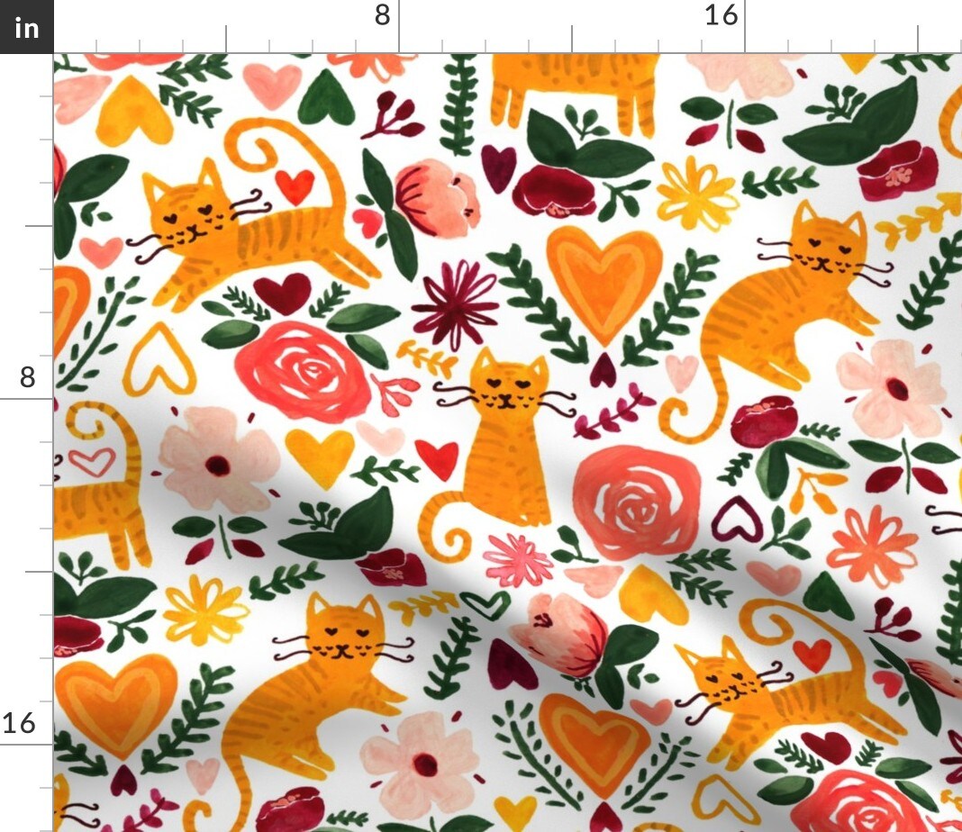 Valentine Cats Orange Green Maroon Coral Cat Animal Kitten Love Flowers Custom Printed Fabric by Spoonflower Various Fabrics by the Yard or Fat Quarter