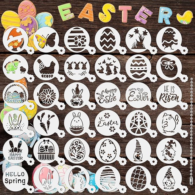 Easter Cookie Stencils, 36Pcs Reusable Eggs Bunny Cookie Coffee Stencils Templates Mold Tools for Cookies Baking Painting Dessert Coffee Decoration Easter Party Supplies