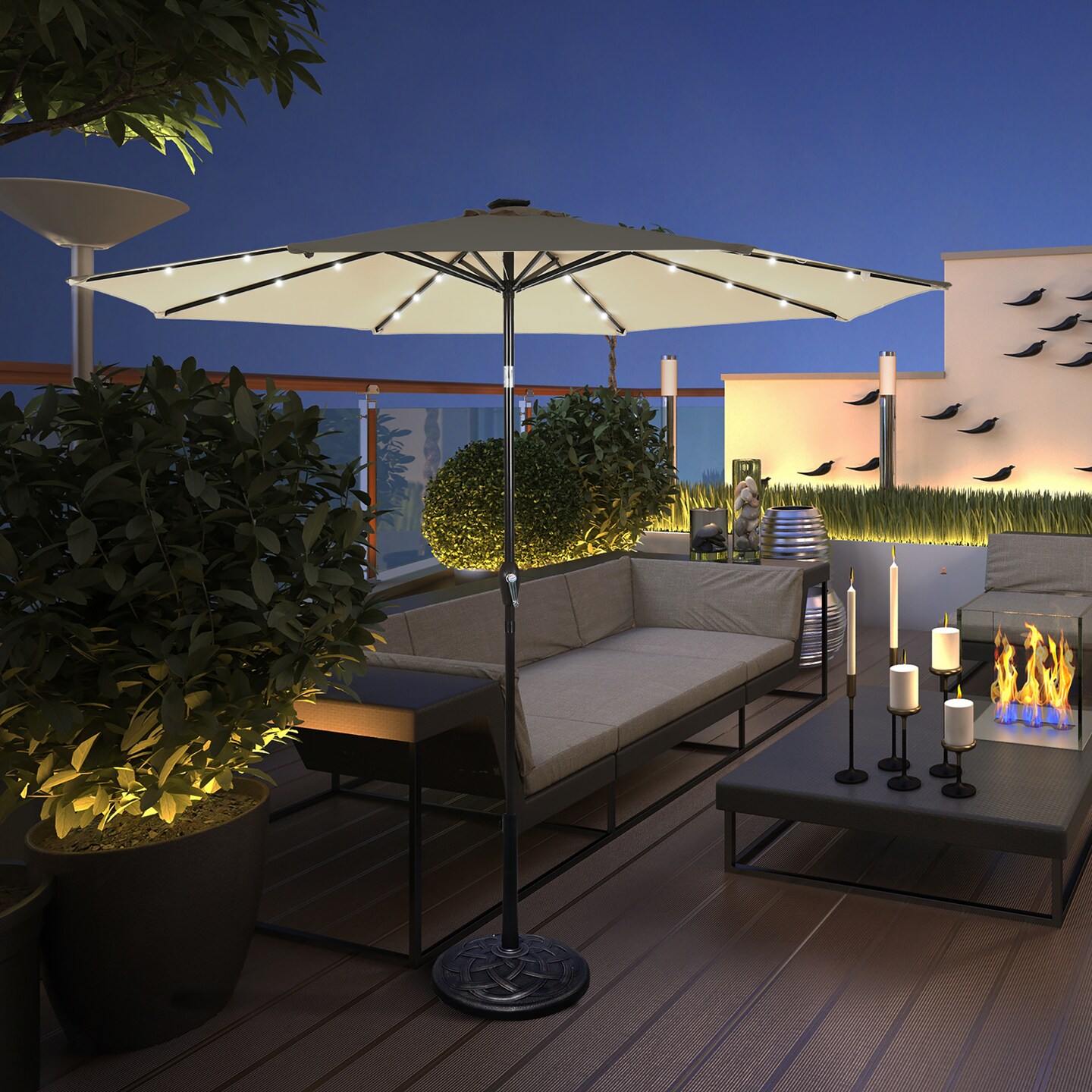 Costway 10' Solar LED Lighted Patio Market Umbrella Shade Tilt Adjustment Crank Tan/Beige/Blue/Navy/Burgundy/Gray
