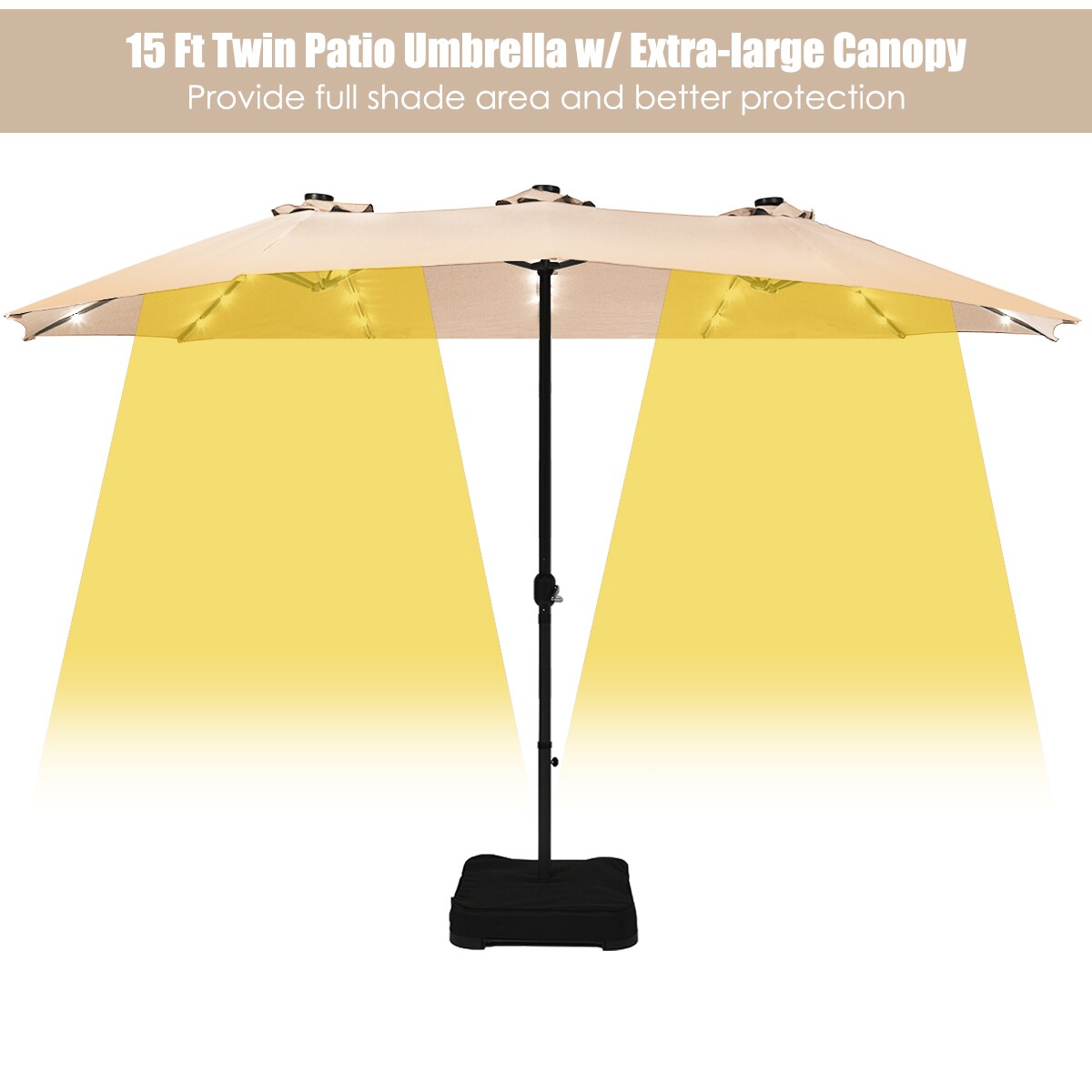 Costway 15Ft Patio Double-Sided Solar LED Market Umbrella Crank Base Beige/Tan/Orange/Burgundy/Gray/Turquoise