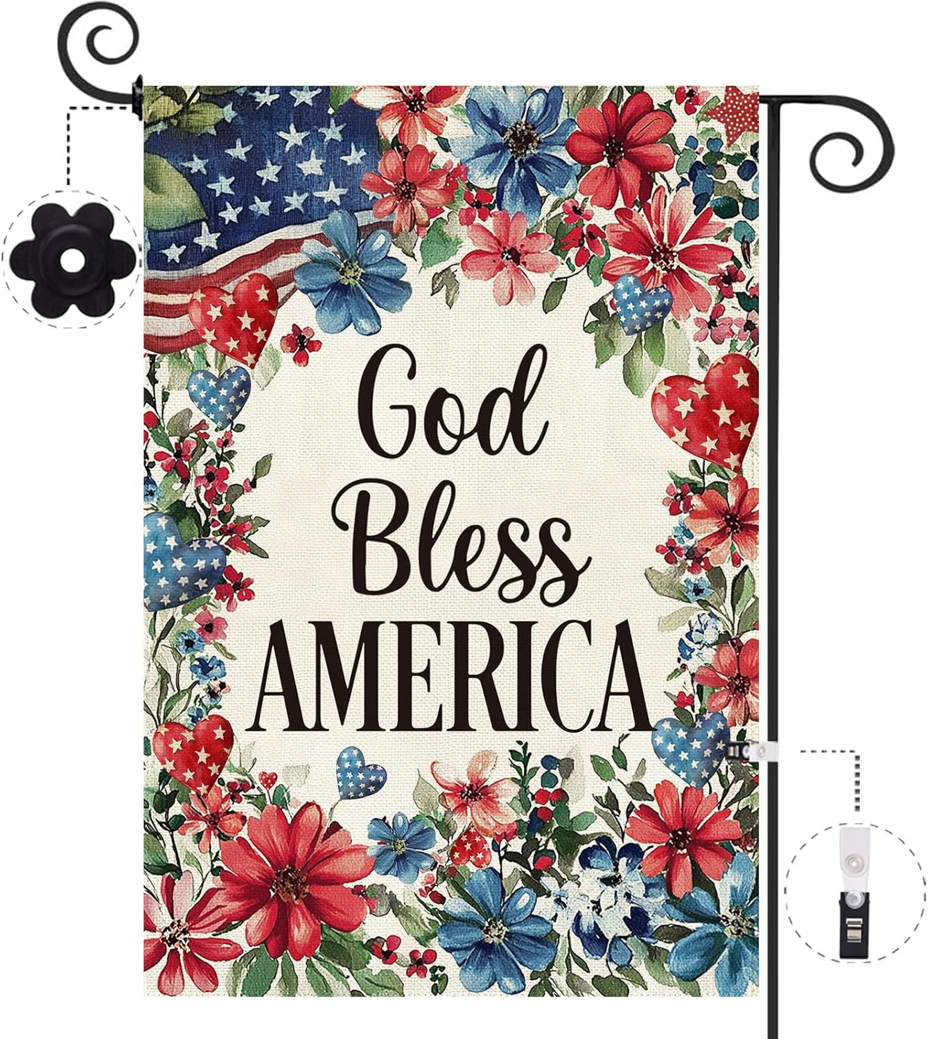 4th of July Patriotic Garden Flag 12.5 x 18 Inch Double Sided Burlap God Bless America Floral Memorial Day Small Yard Flag Summer Holiday Seasonal Farmhouse Outdoor Outside Decoration