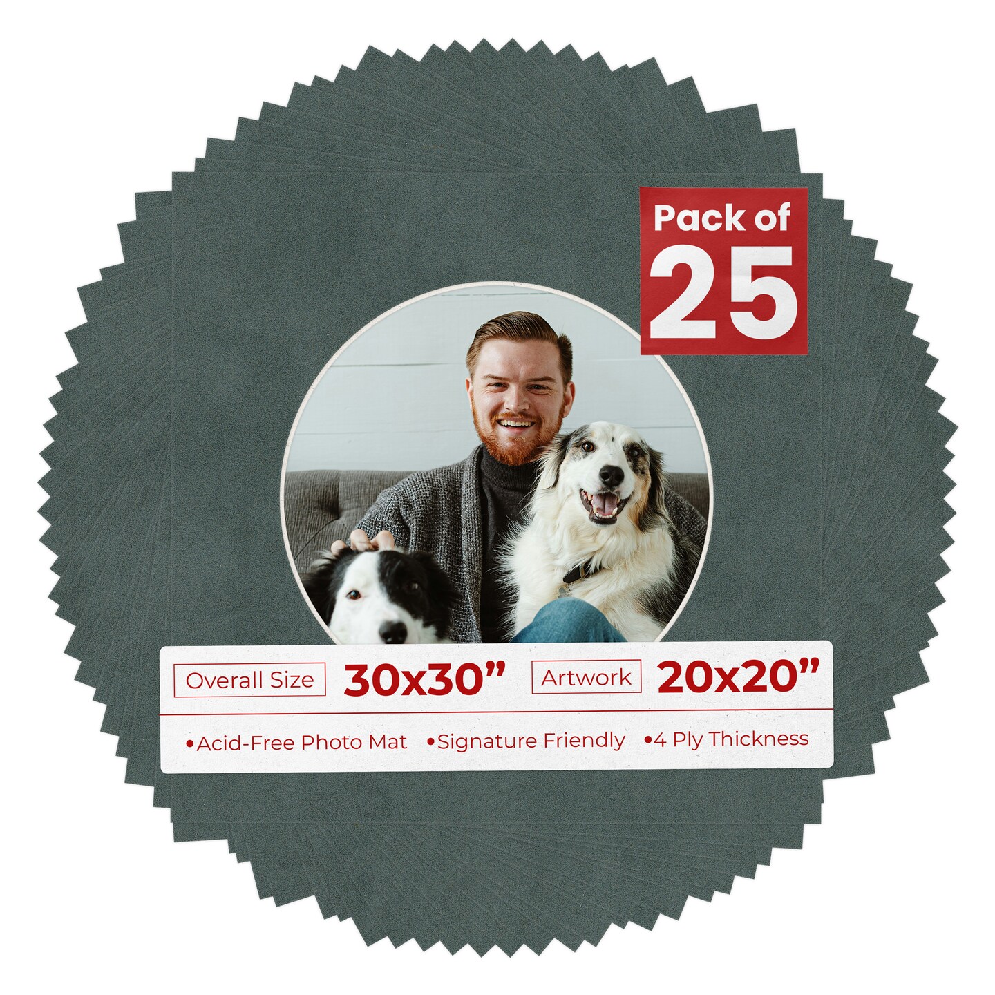 Dark Grey Suede Mat Board for 30x30 Frames - Circle Opening for 20x20 Photos