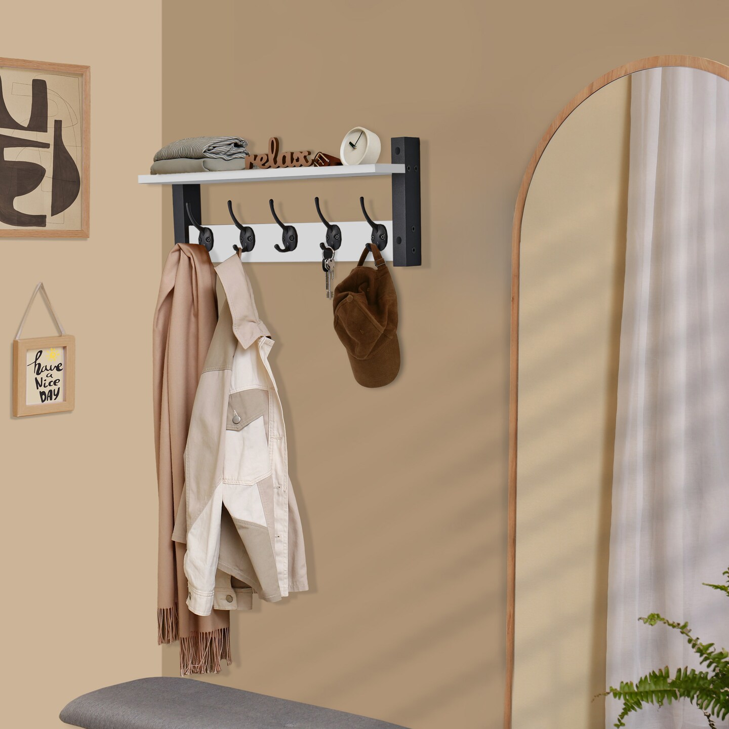 Sorbus Floating Wall Shelf with Hooks for Entryway, Bathroom, Bedroom, Kitchen, or Mudroom