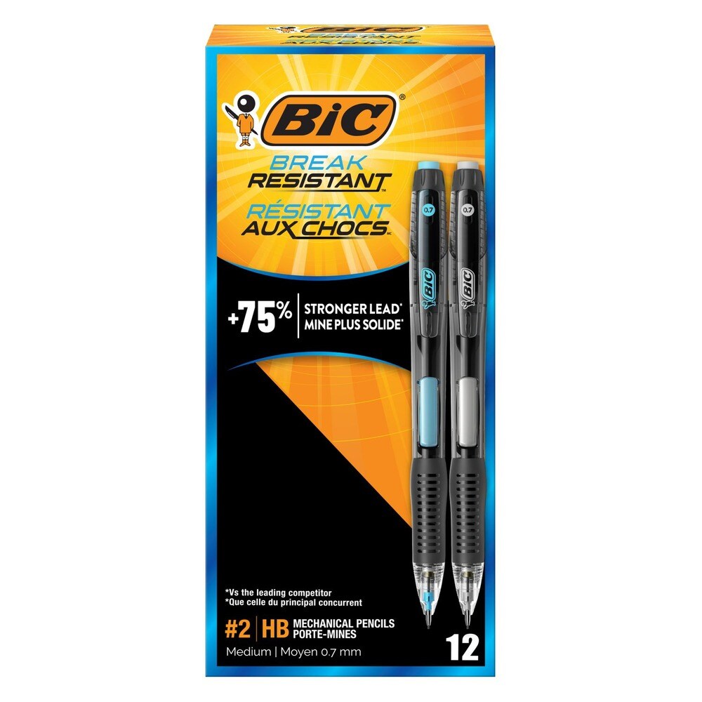 BIC 0.7 mm HB No. 2 Break-Resistant Mechanical Pencils with Erasers - Black Lead/Assorted Barrel Colors (1-Dozen)
