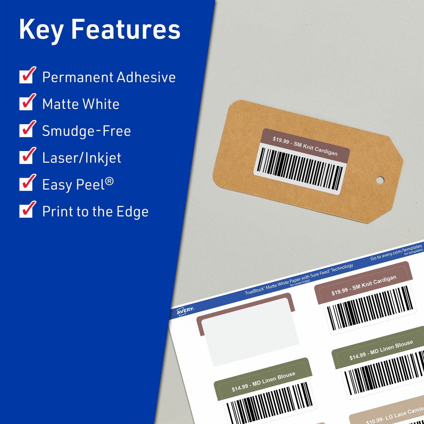 Avery TrueBlock Matte White Paper Labels, 1-1/4" x 3-3/4" Rectangle
