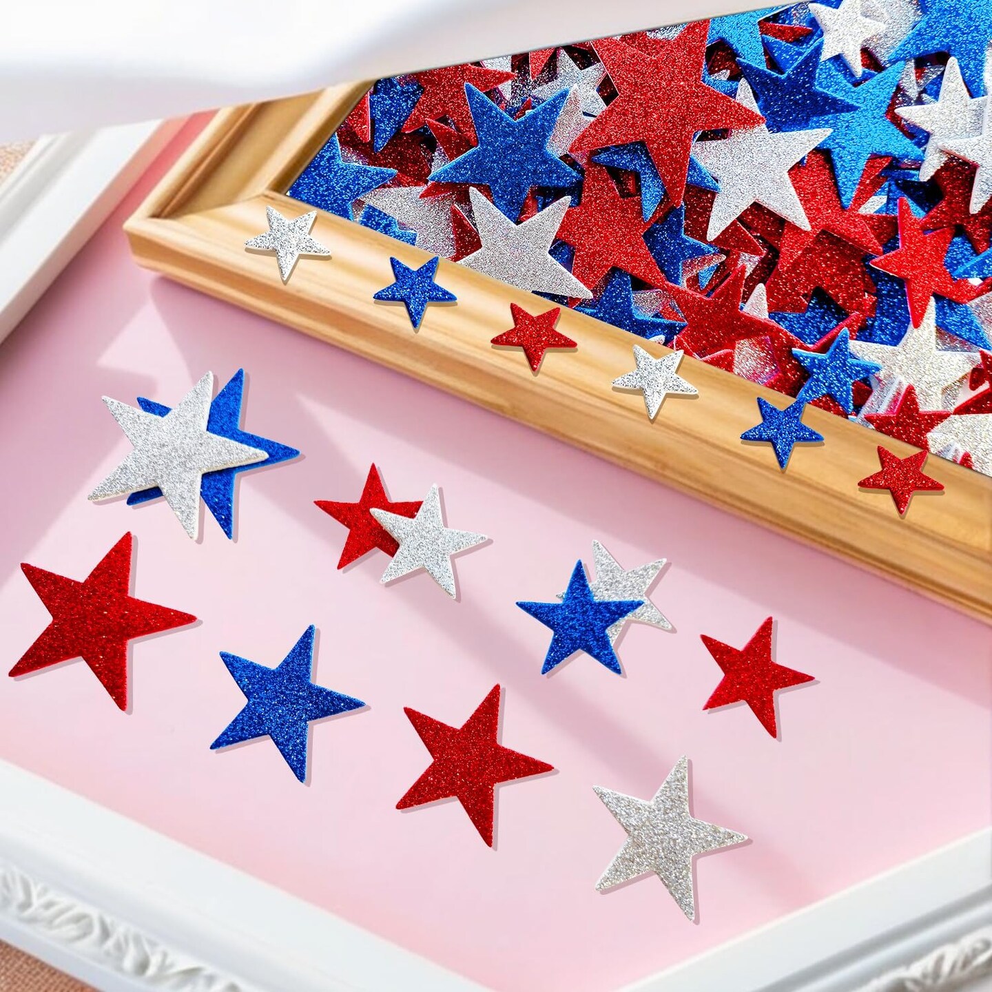 180 Pcs Patriotic Foam Stars Self-Adhesive Stickers Red Blue Silver